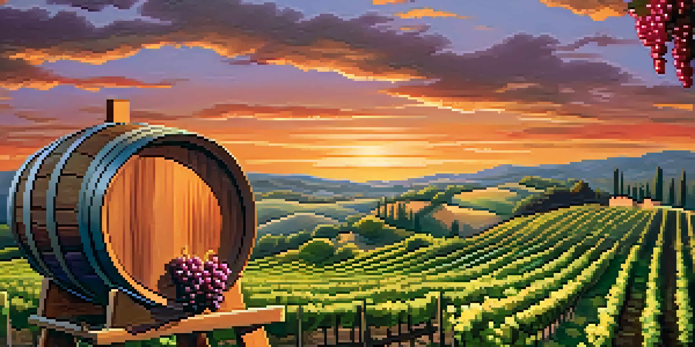 A scenic vineyard at sunset with rows of grapevines and a wine barrel in the foreground.