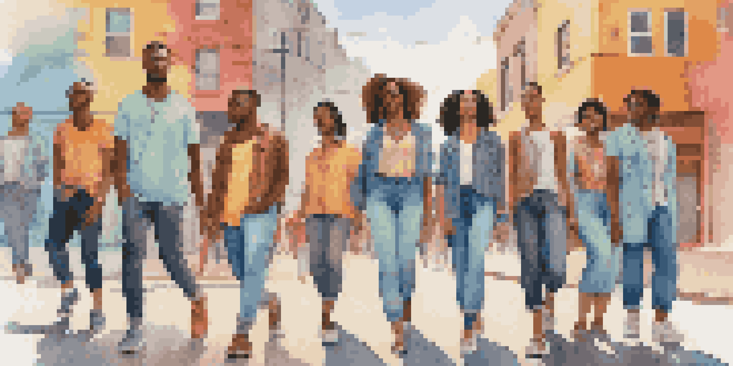 A lively urban scene with diverse individuals dressed in gender-neutral fashion, featuring colorful clothing and a vibrant mural in the background.