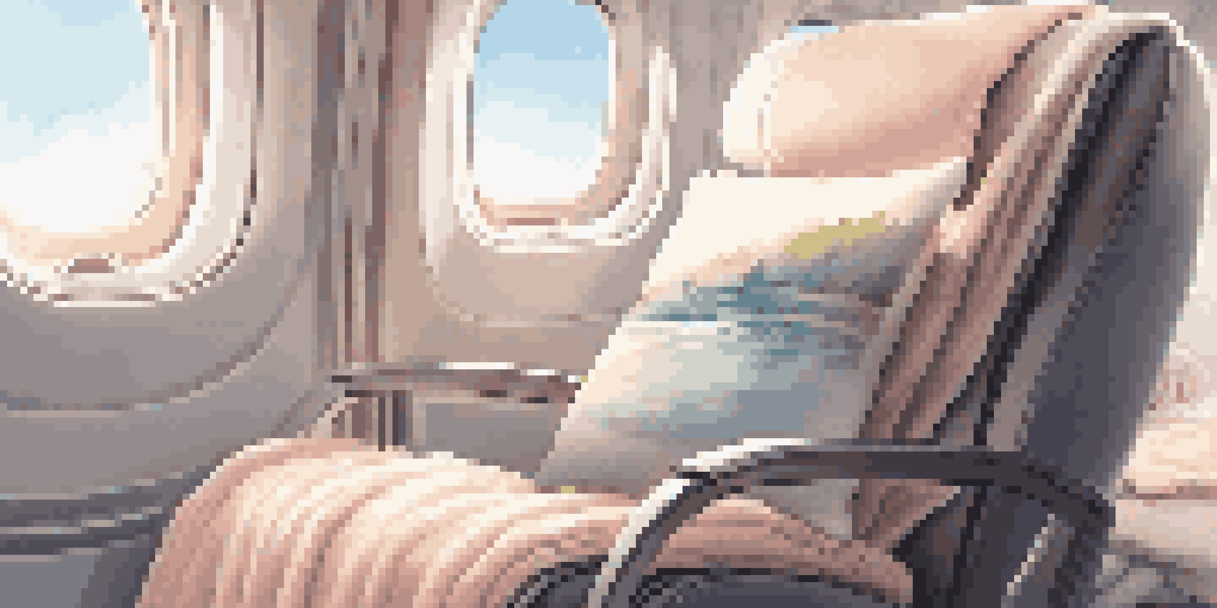 A plush travel pillow and a cashmere blanket on an airplane seat, with a stylish water bottle on the side table in a warm lighting setting.