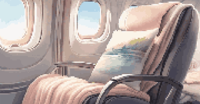 A plush travel pillow and a cashmere blanket on an airplane seat, with a stylish water bottle on the side table in a warm lighting setting.