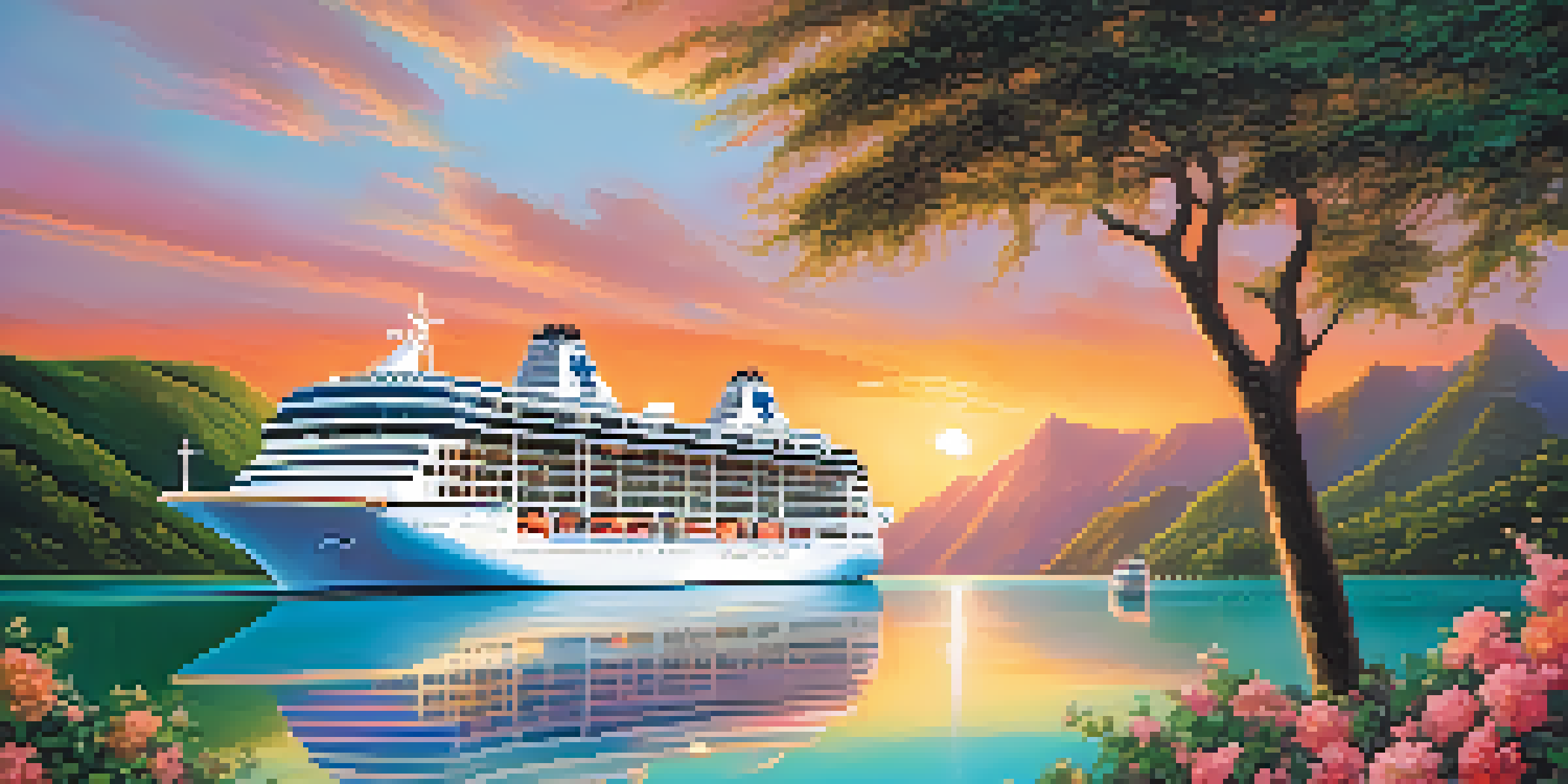 A beautiful cruise ship on turquoise waters at sunset, surrounded by green islands and colorful flowers on the deck.