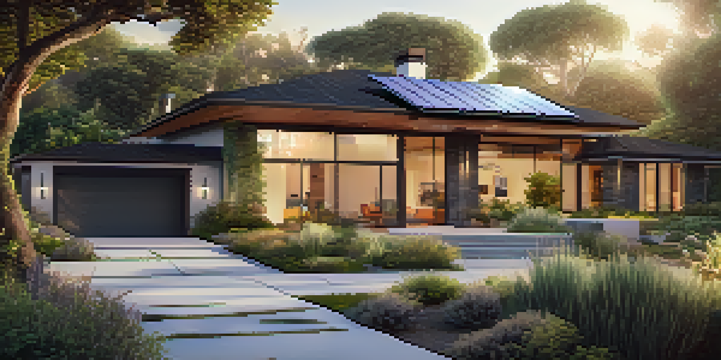 A modern luxury home with solar panels and vibrant drought-resistant landscaping, illuminated by evening sunlight.