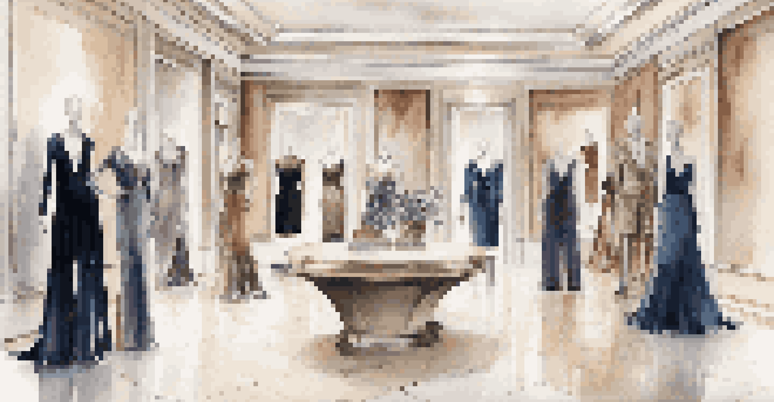 Interior of a high-end fashion boutique with designer clothing, elegant decor, and soft lighting, representing luxury fashion.