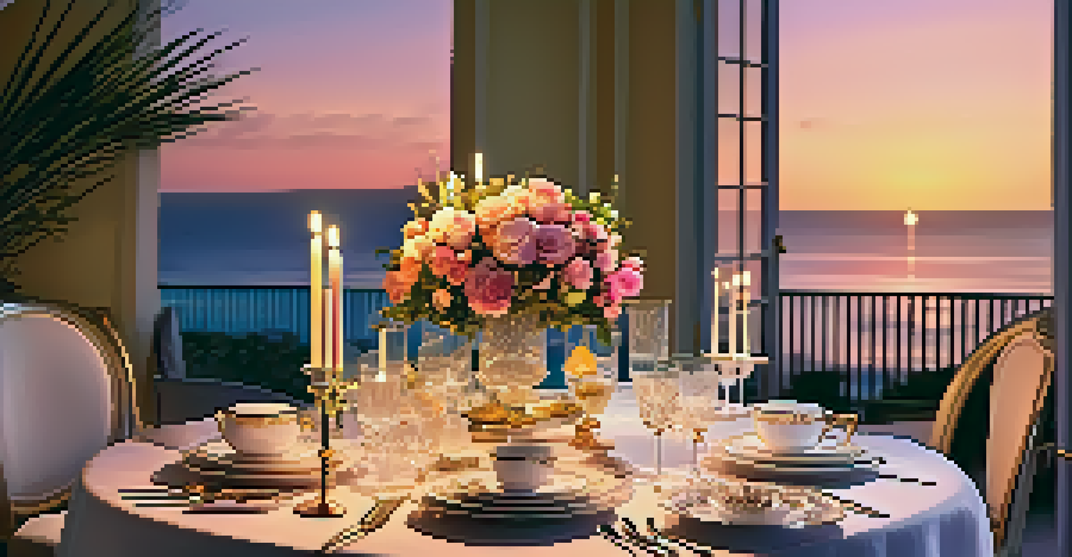 An elegant dining setup on a terrace overlooking the ocean at sunset, featuring fine china, candles, and flowing floral arrangements.