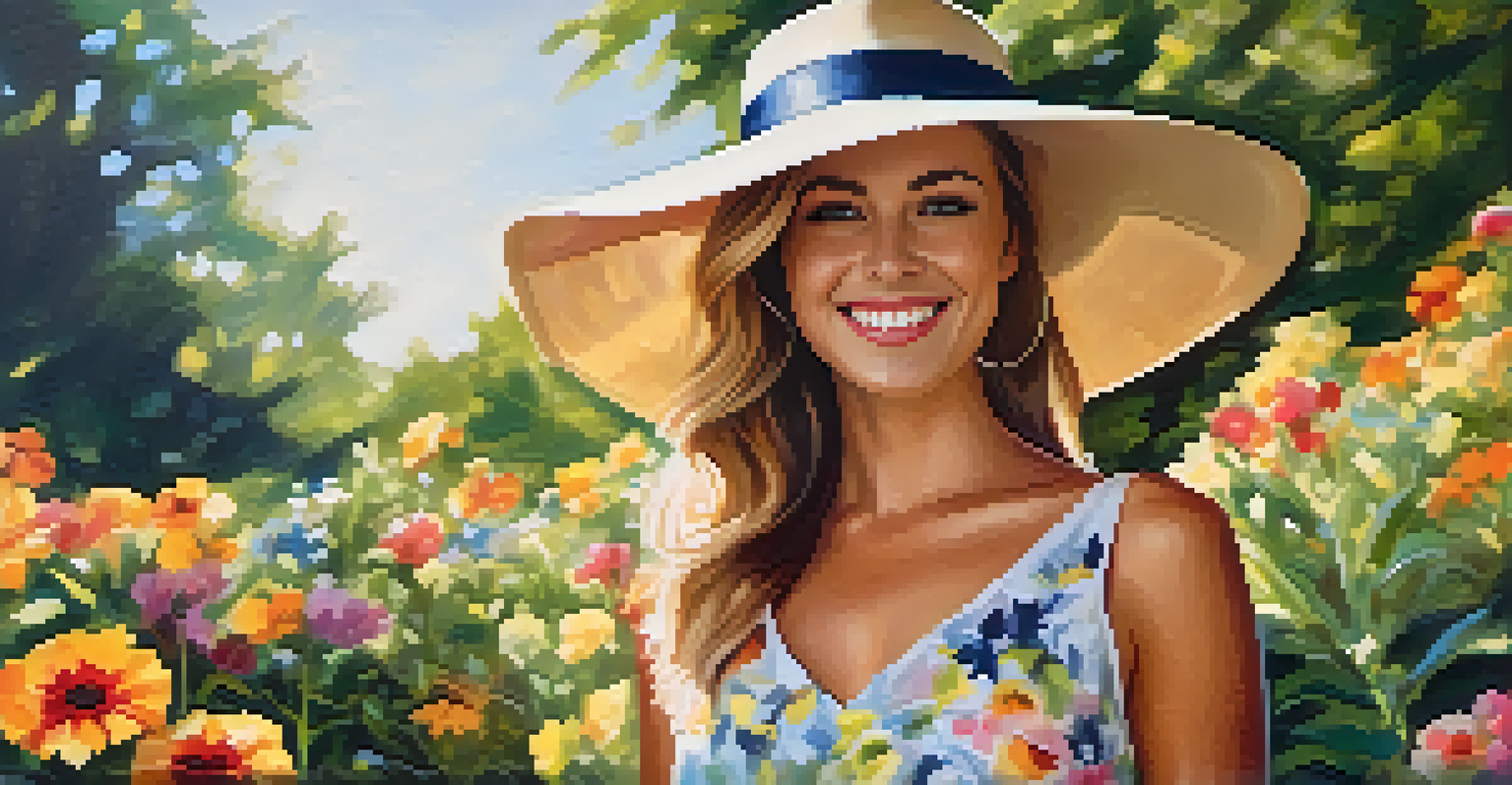 A woman in a stylish summer dress enjoys a sunny day in a vibrant garden surrounded by colorful flowers, holding a sunhat.