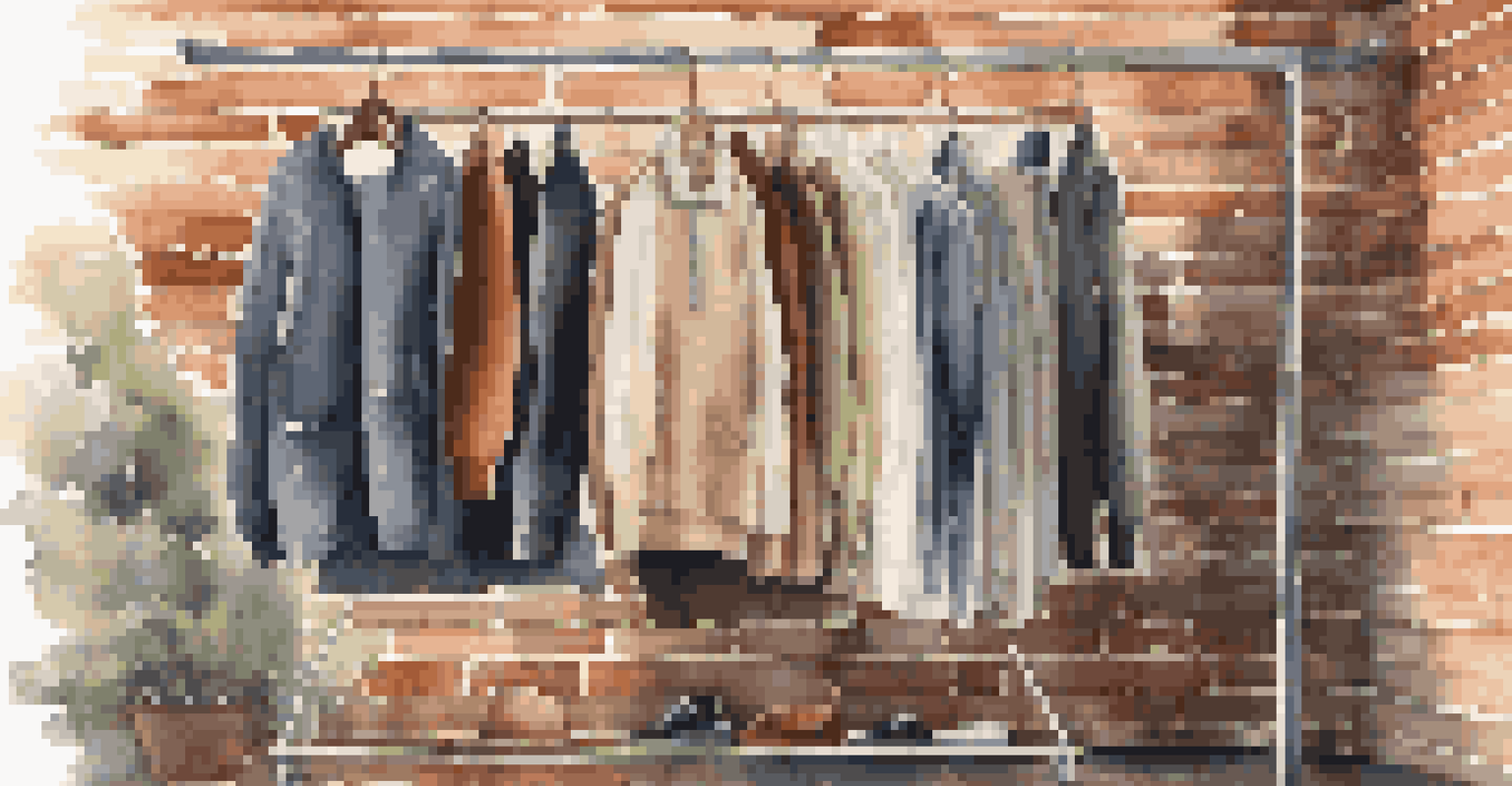 A clothing rack filled with gender-neutral fashion items, including sweaters and trousers, against a textured brick wall with natural light.