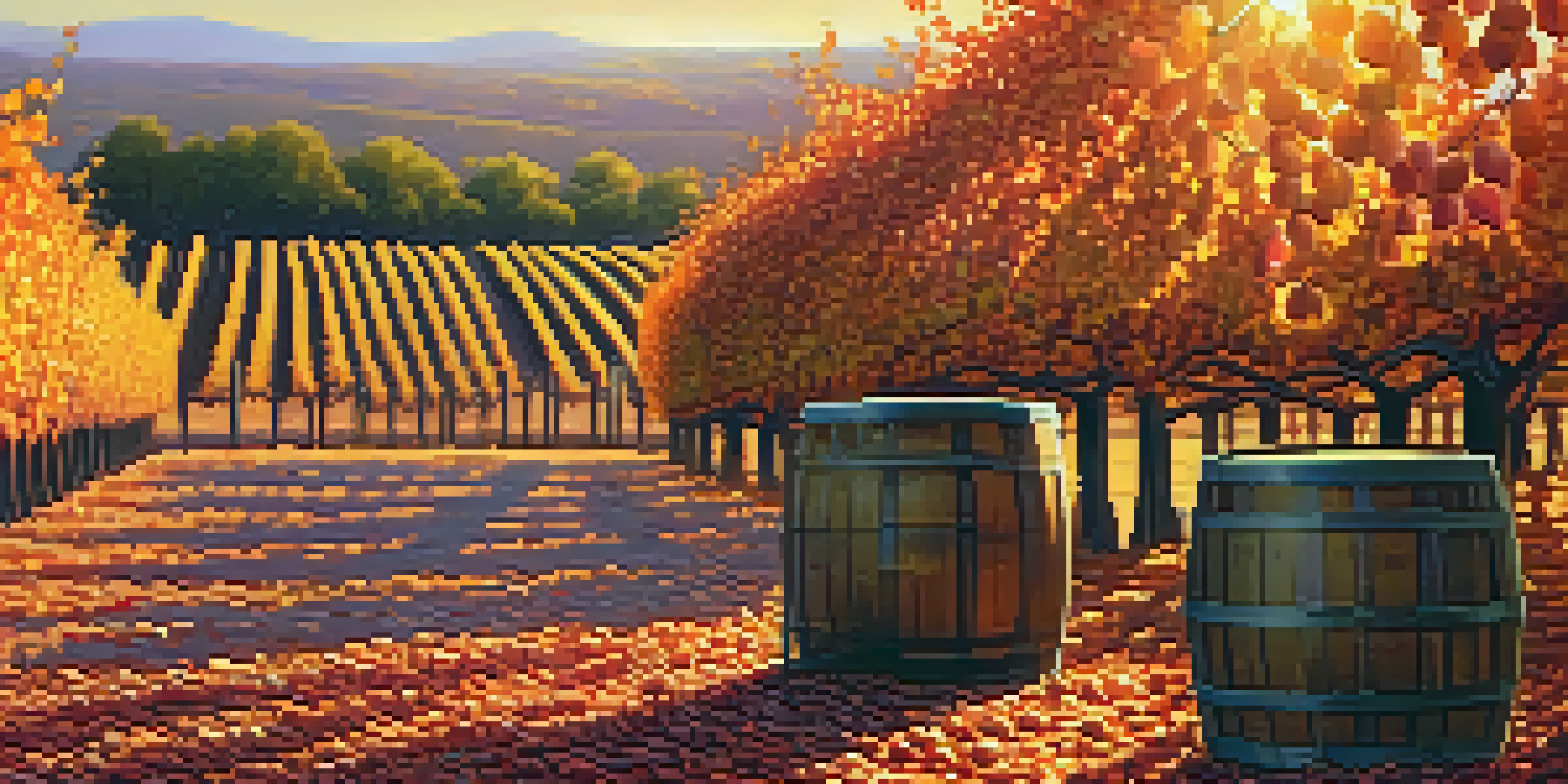 A picturesque vineyard at sunset, featuring rows of grapevines and a rustic oak barrel in the foreground.