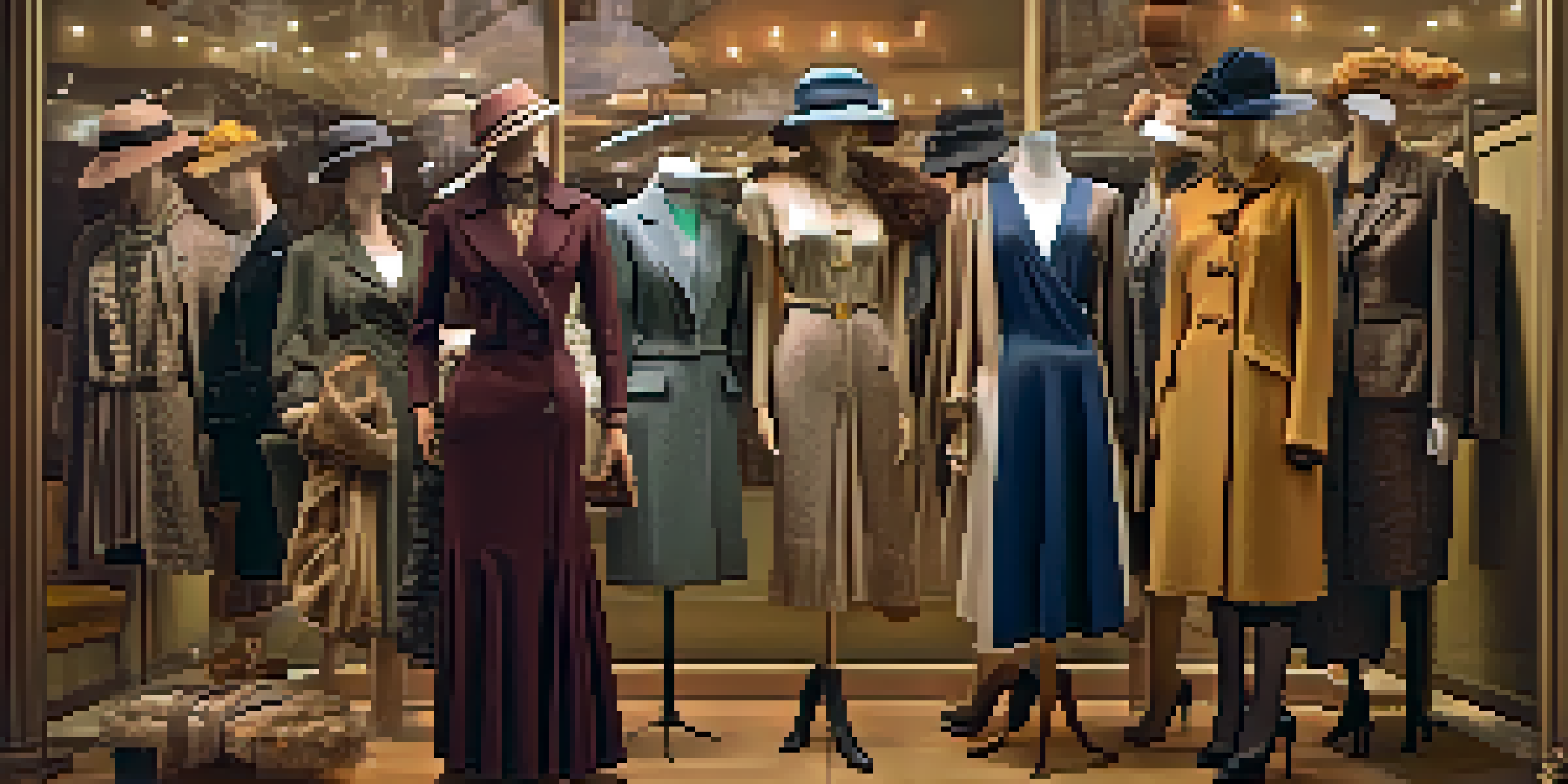 A vintage fashion display with clothing and accessories from the 1920s to the 1990s, illuminated in a warm light.