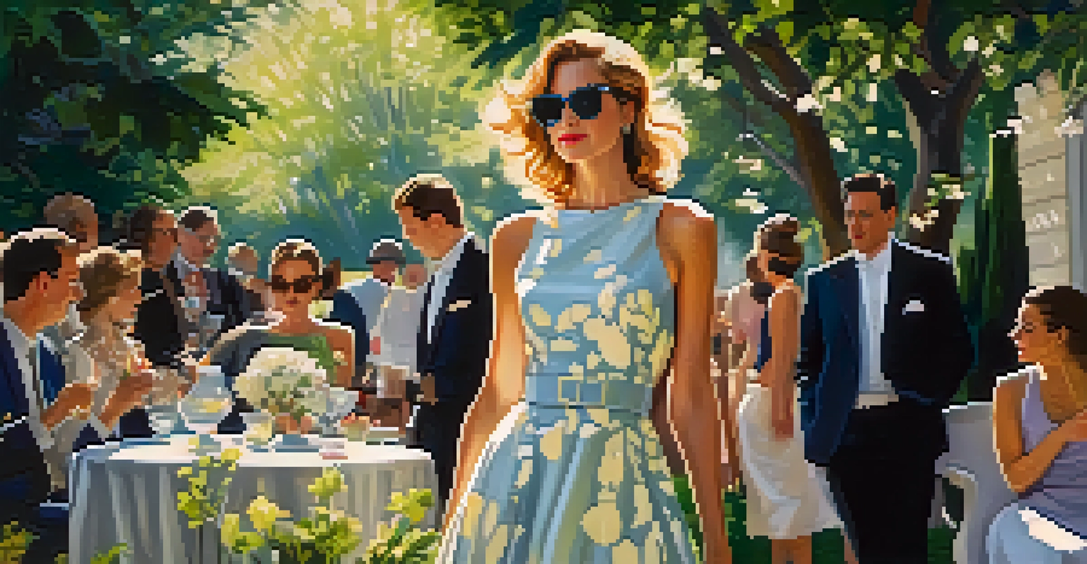 A fashionable woman in a designer dress at a garden party surrounded by flowers and elegant decor.