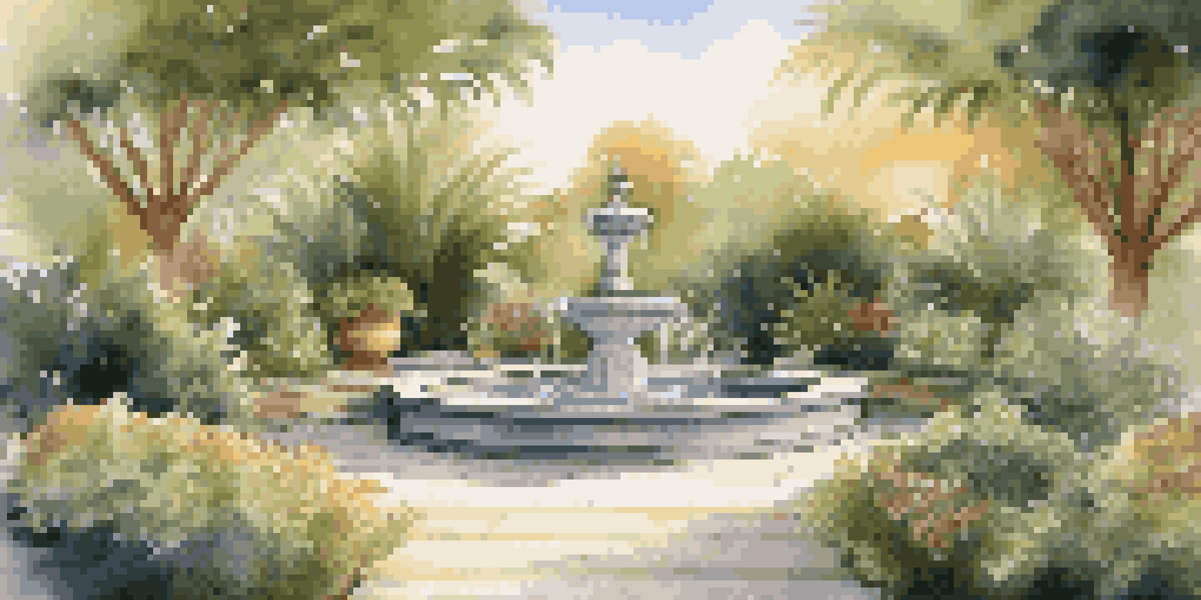 A tranquil luxury garden with a water fountain, exotic plants, and ambient lighting in the evening.