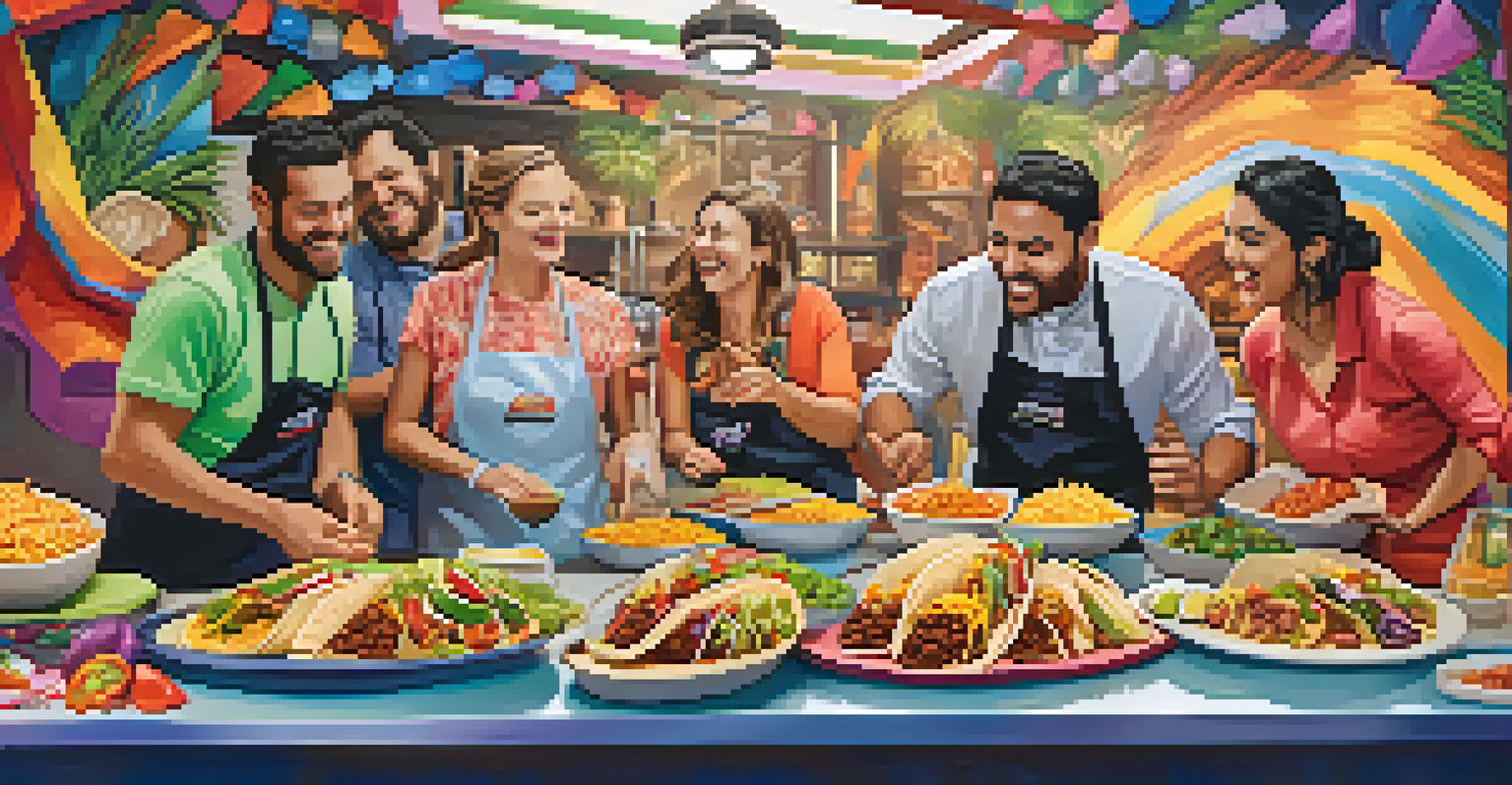 Guests customizing their tacos at a lively taco bar filled with colorful toppings and fillings, creating an interactive dining experience.