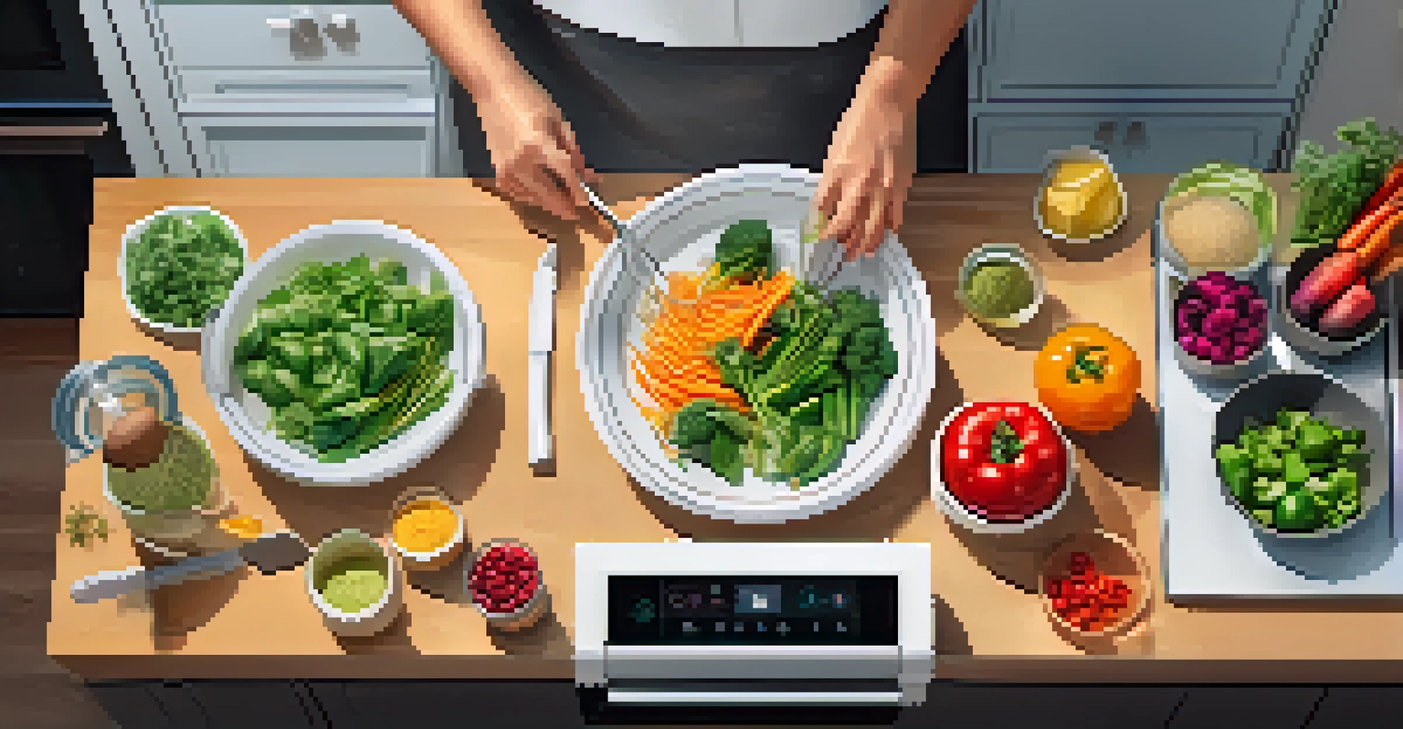 An aerial perspective of a smart kitchen with a person chopping vegetables and a voice assistant displaying a recipe.