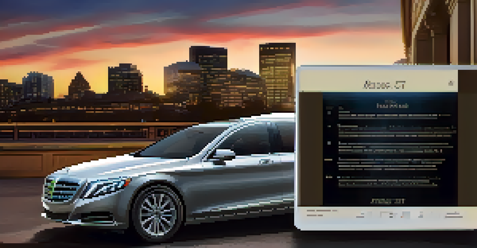 A digital transportation schedule on a tablet next to a luxury vehicle outside an event venue in the evening.