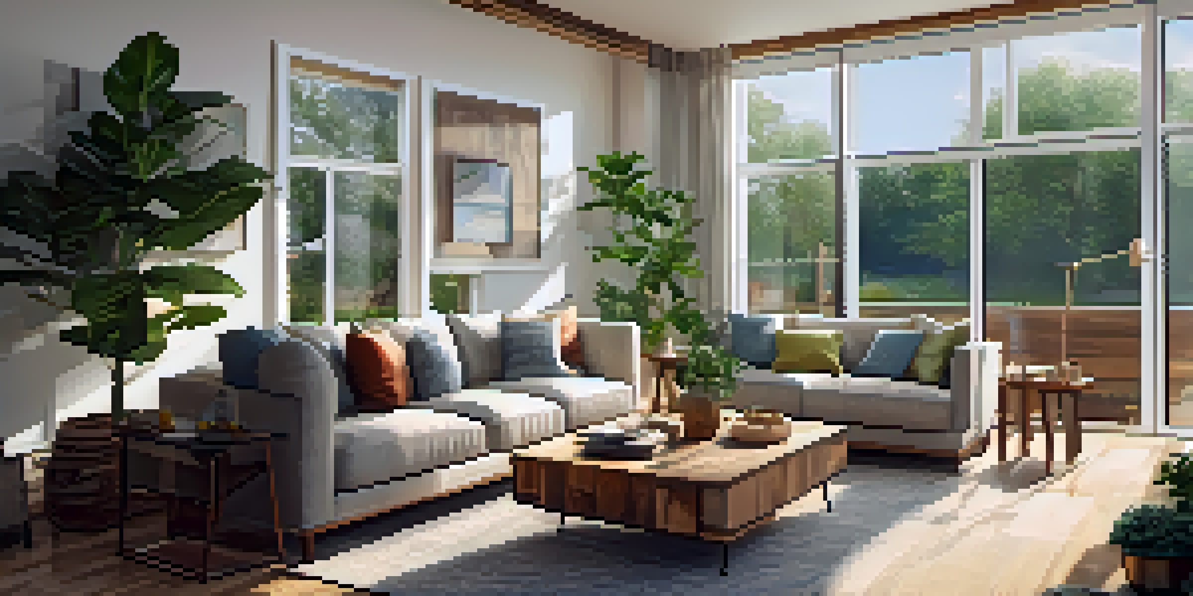 A bright living room filled with natural light, showcasing sustainable furniture and plants, promoting an eco-friendly atmosphere.