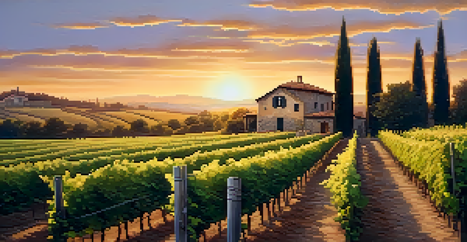 A vineyard at sunset with grapevines and a bottle of Chianti, creating a serene atmosphere.