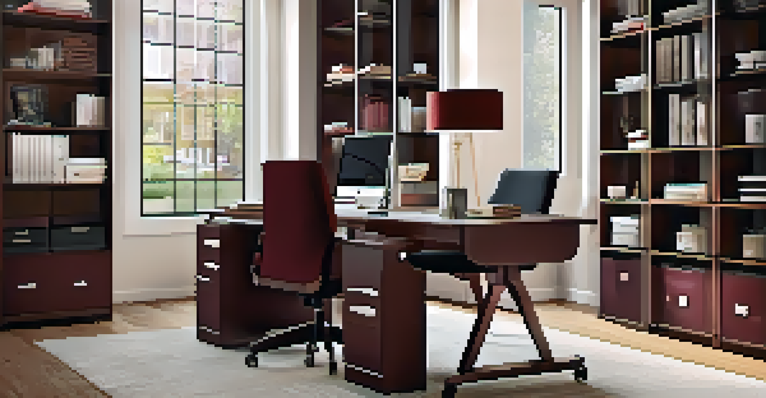 A stylish small home office with modular furniture, a contemporary desk, and vertical storage, decorated in soft whites and burgundy accents with layered lighting.