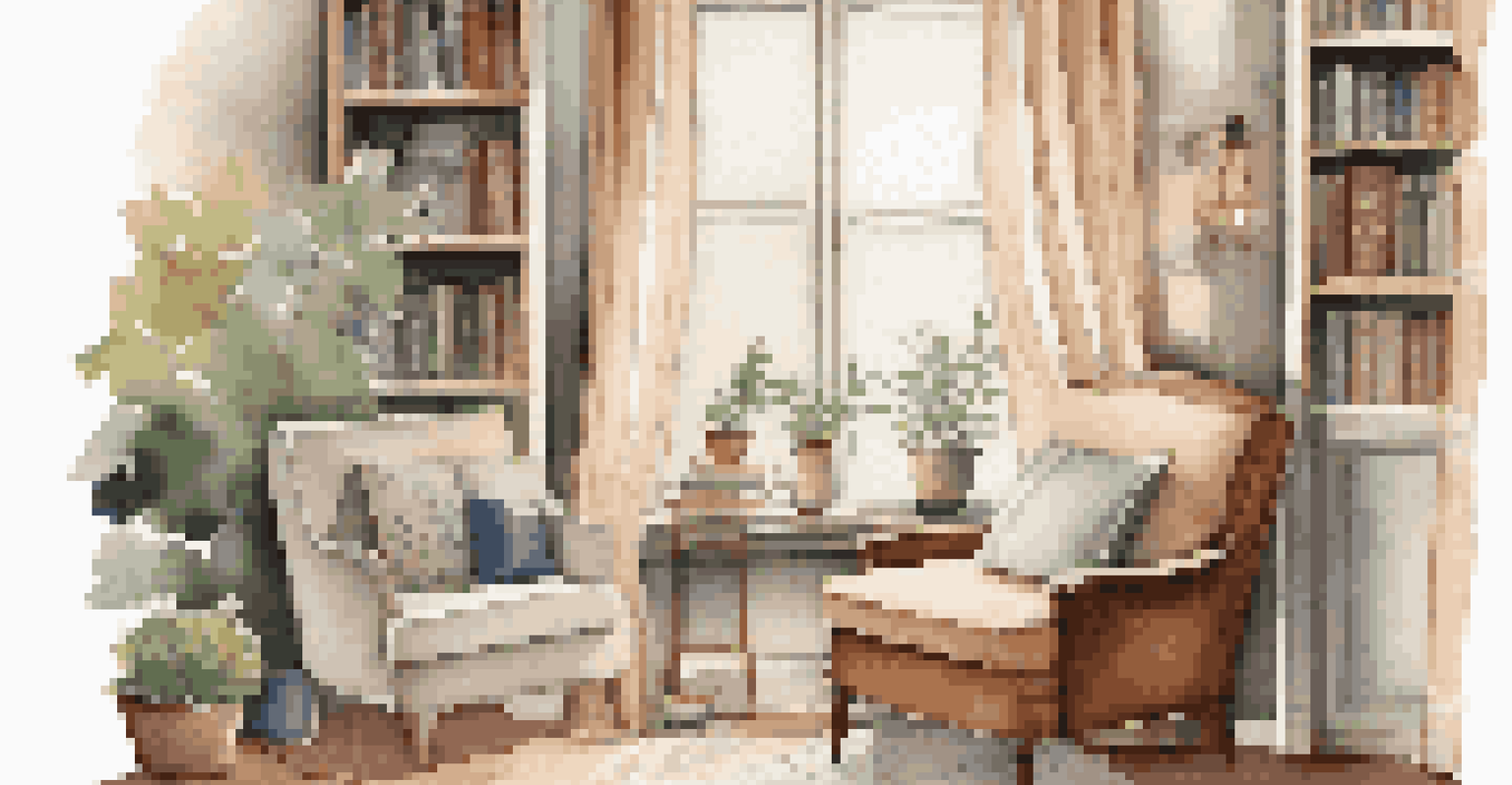 A cozy reading nook with an organic linen chair and personal decor items, bathed in soft light from a large window, creating a tranquil space.