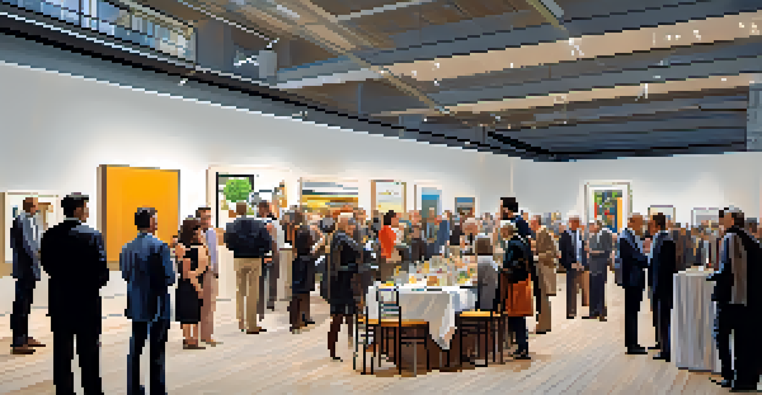 A contemporary art gallery with guests participating in a charity auction, surrounded by modern artworks.