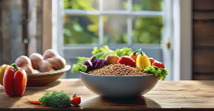 A gourmet pet food bowl filled with colorful, high-quality ingredients like meat and vegetables, set on a wooden table in warm sunlight.