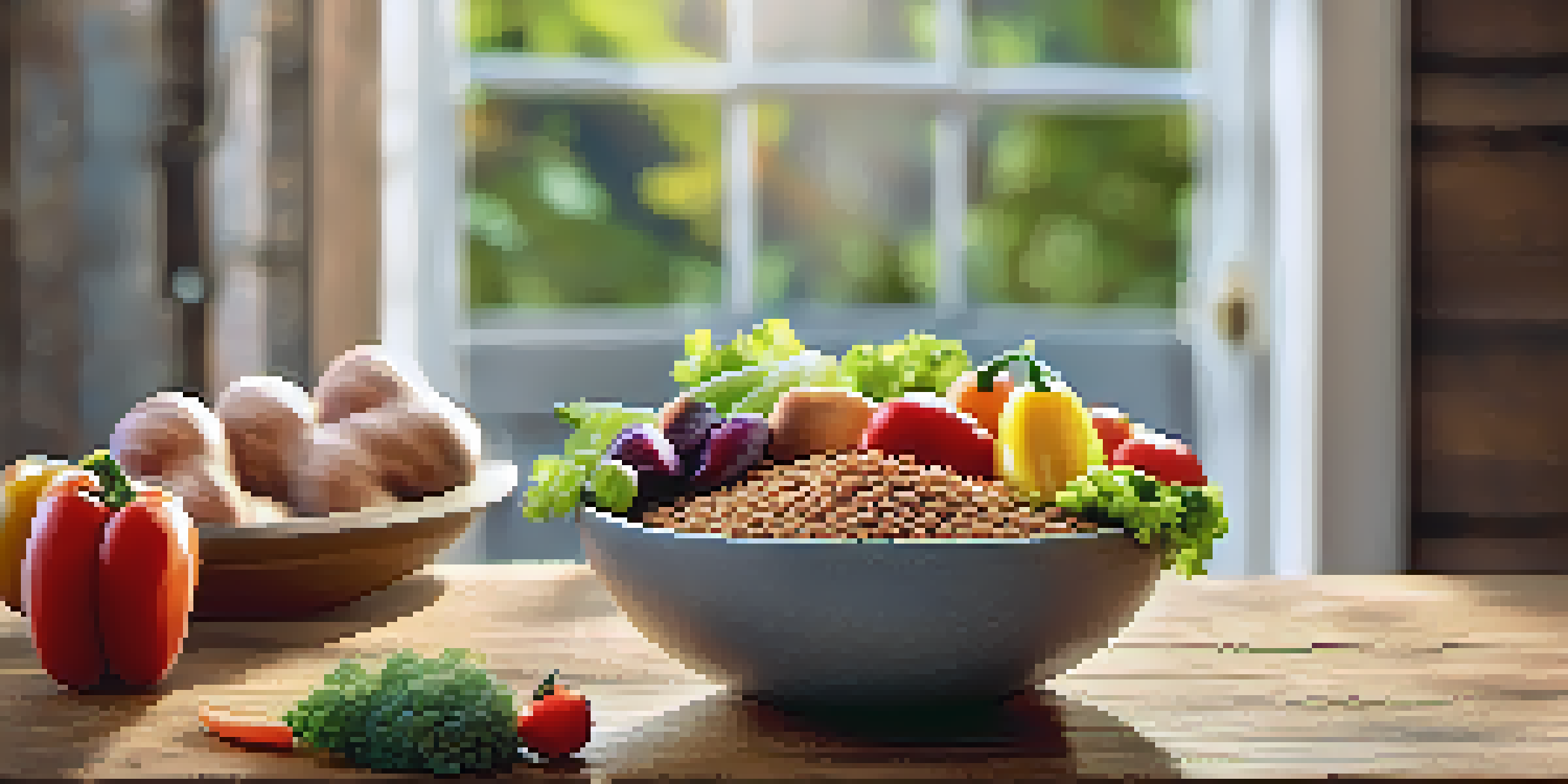 A gourmet pet food bowl filled with colorful, high-quality ingredients like meat and vegetables, set on a wooden table in warm sunlight.