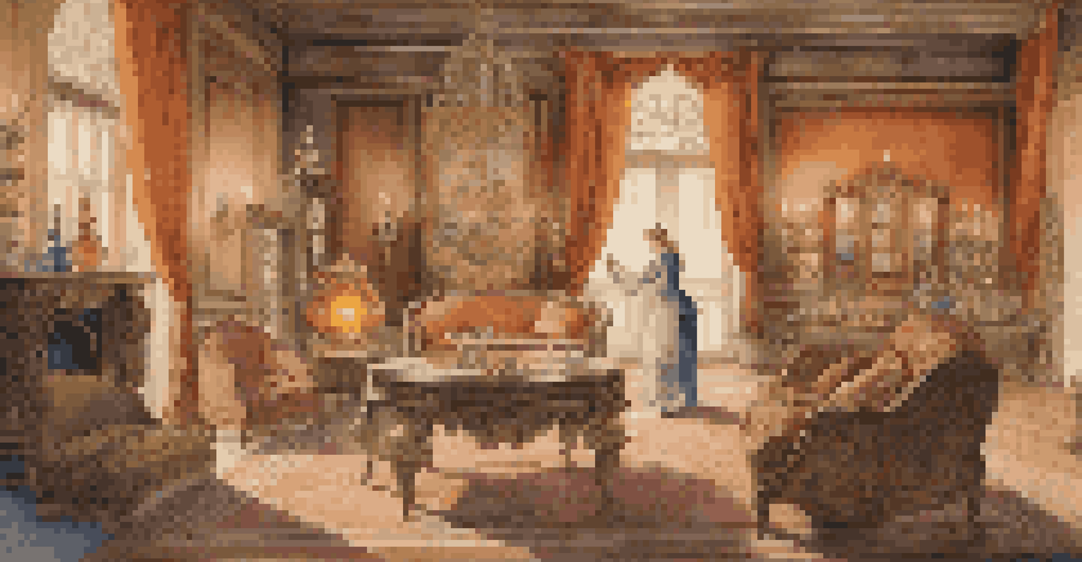 A Renaissance room with luxurious furniture where an artisan blends fragrant oils, illuminated by soft candlelight.