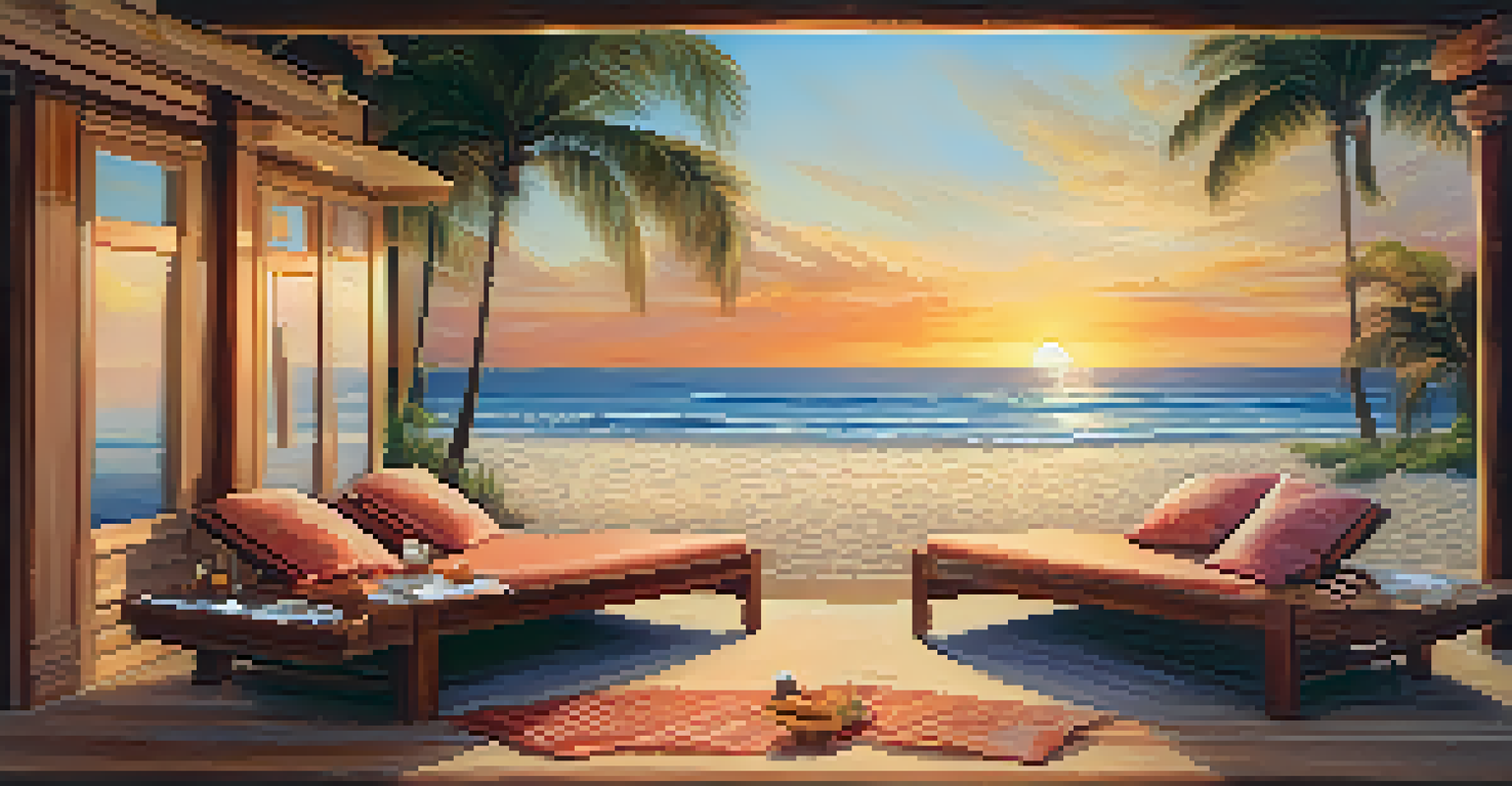 A beautiful beachfront spa with an ocean view, private cabana, and a hammock between palm trees at sunset.