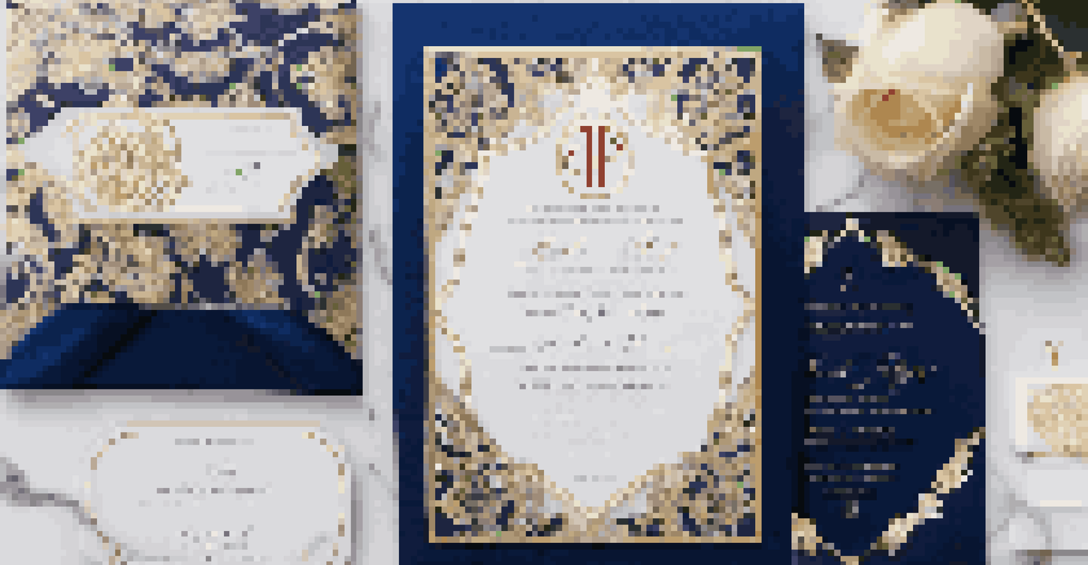 An elegant luxury event invitation suite with gold-foiled monogram and floral patterns on a marble surface, accompanied by satin ribbon and flowers.