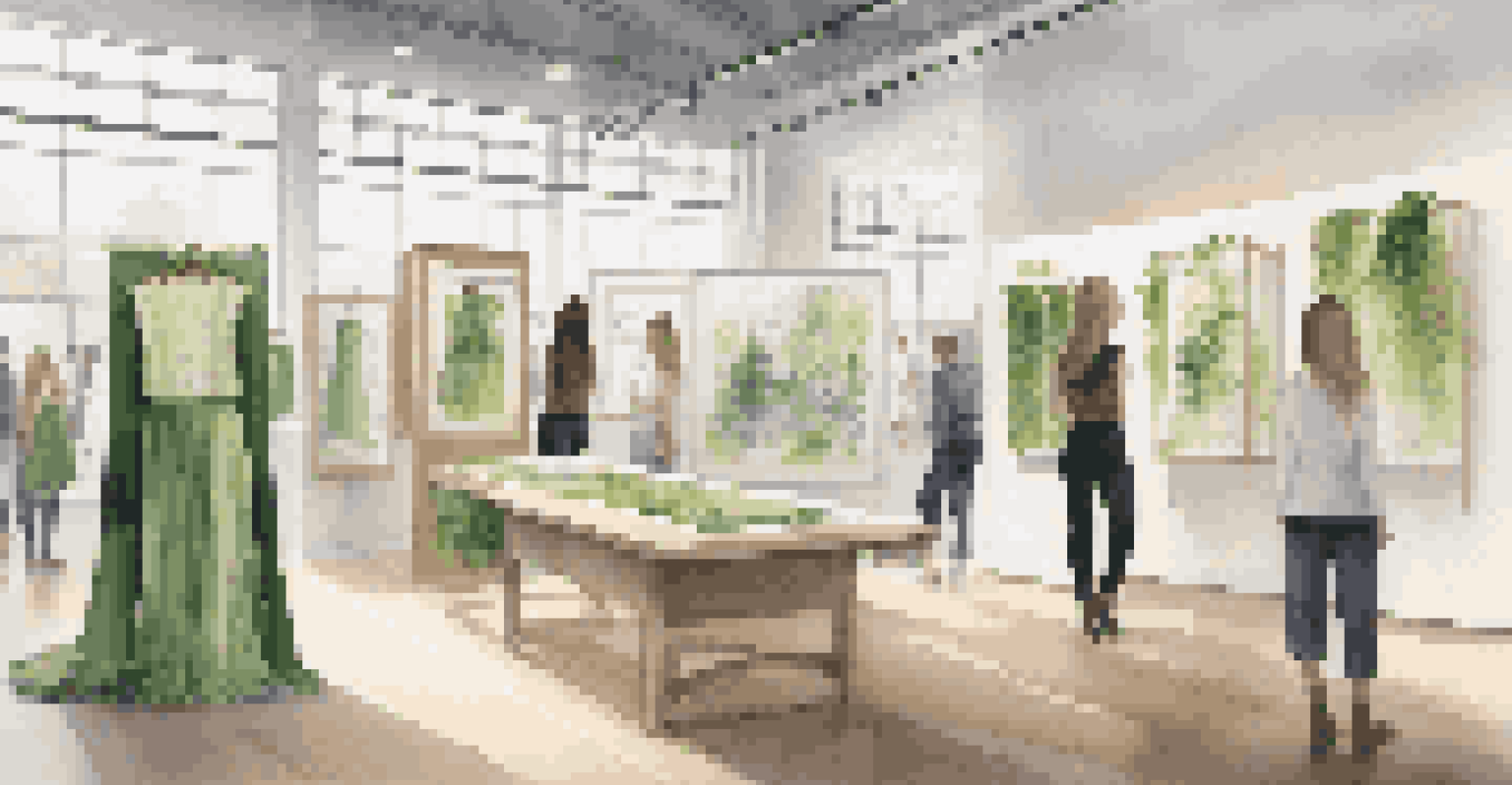 An engaging exhibit at a fashion week with attendees exploring sustainable materials and fabrics.