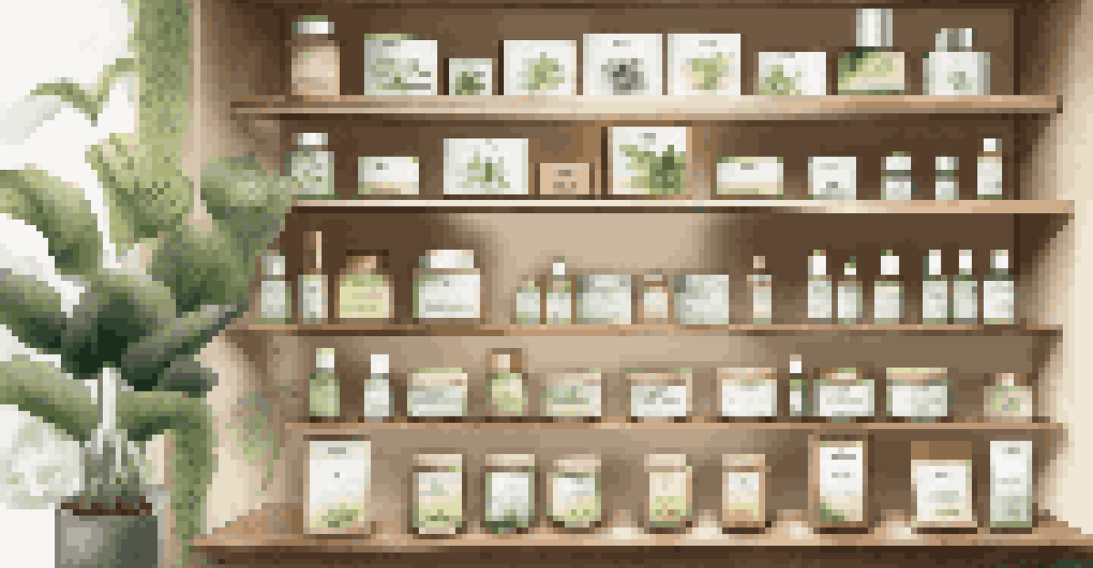 An eco-friendly skincare product display in a luxury spa, showcasing organic products on wooden shelves with natural light.