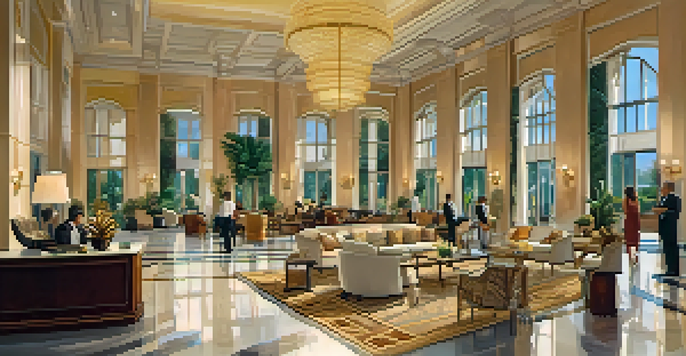 A luxurious hotel lobby featuring marble flooring, chandeliers, and plush furnishings, with guests interacting with staff and a tropical landscape visible through large windows.