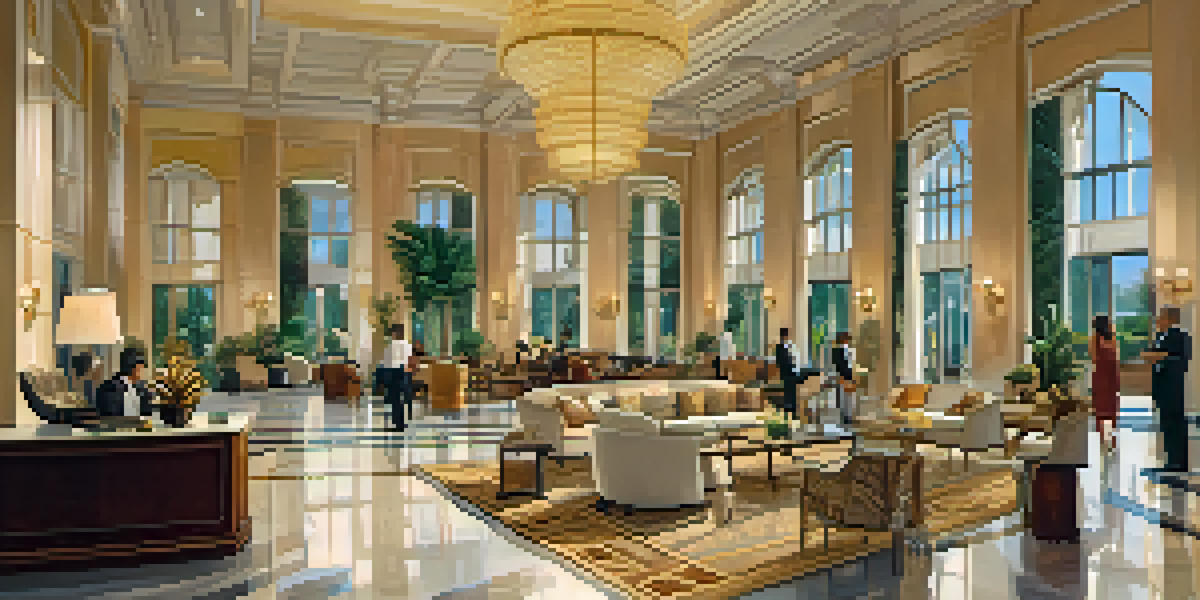 A luxurious hotel lobby featuring marble flooring, chandeliers, and plush furnishings, with guests interacting with staff and a tropical landscape visible through large windows.