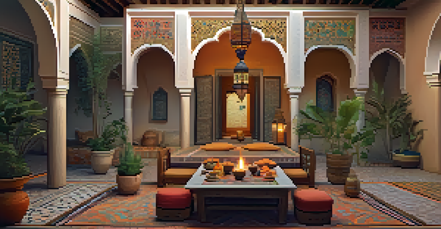 An elegant Moroccan riad featuring intricate tile work, a courtyard with a fountain, and a table set with a colorful Moroccan feast.