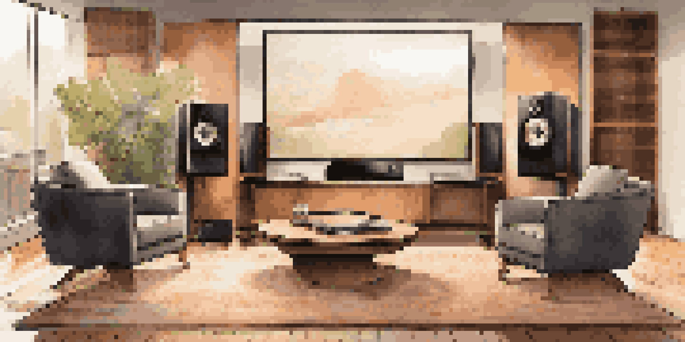 A stylish home entertainment system featuring high-quality speakers, an amplifier, and a turntable, with warm lighting illuminating the setup.