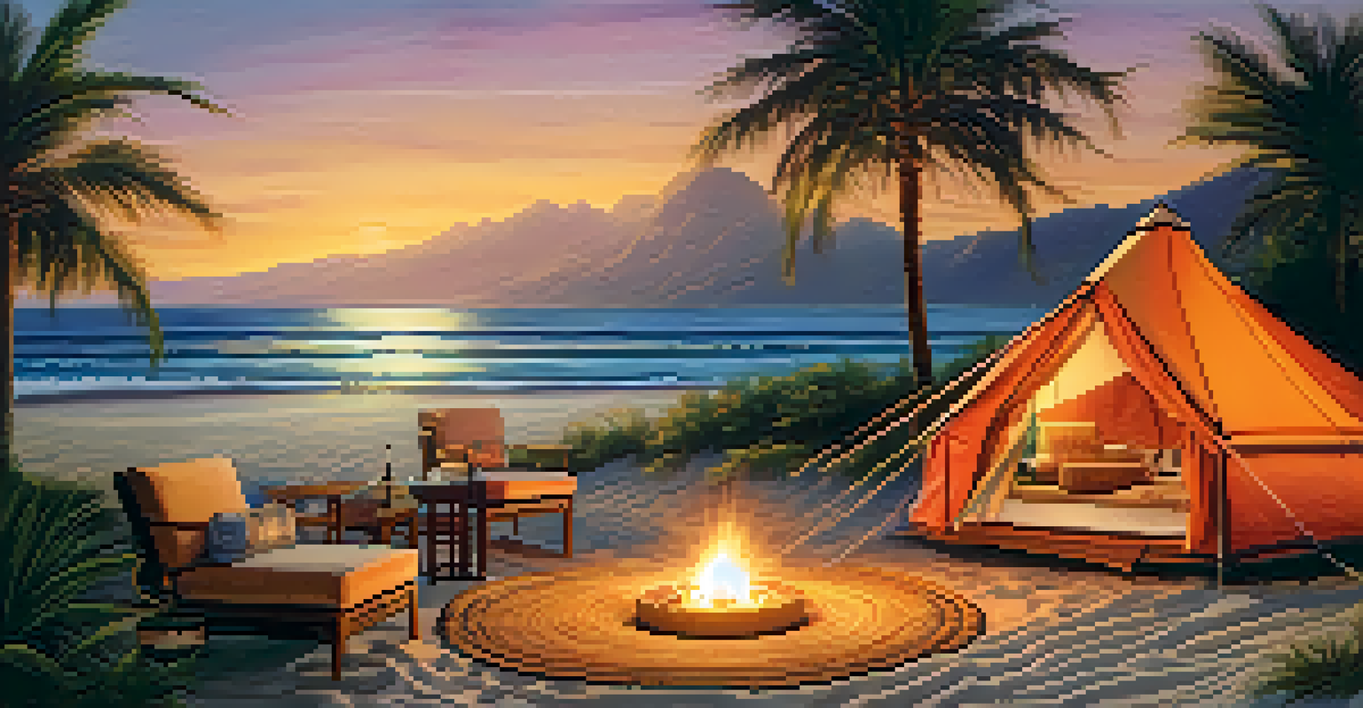 An upscale luxury camping tent on a beach at sunset, with elegant furnishings and a picnic setup, surrounded by palm trees.