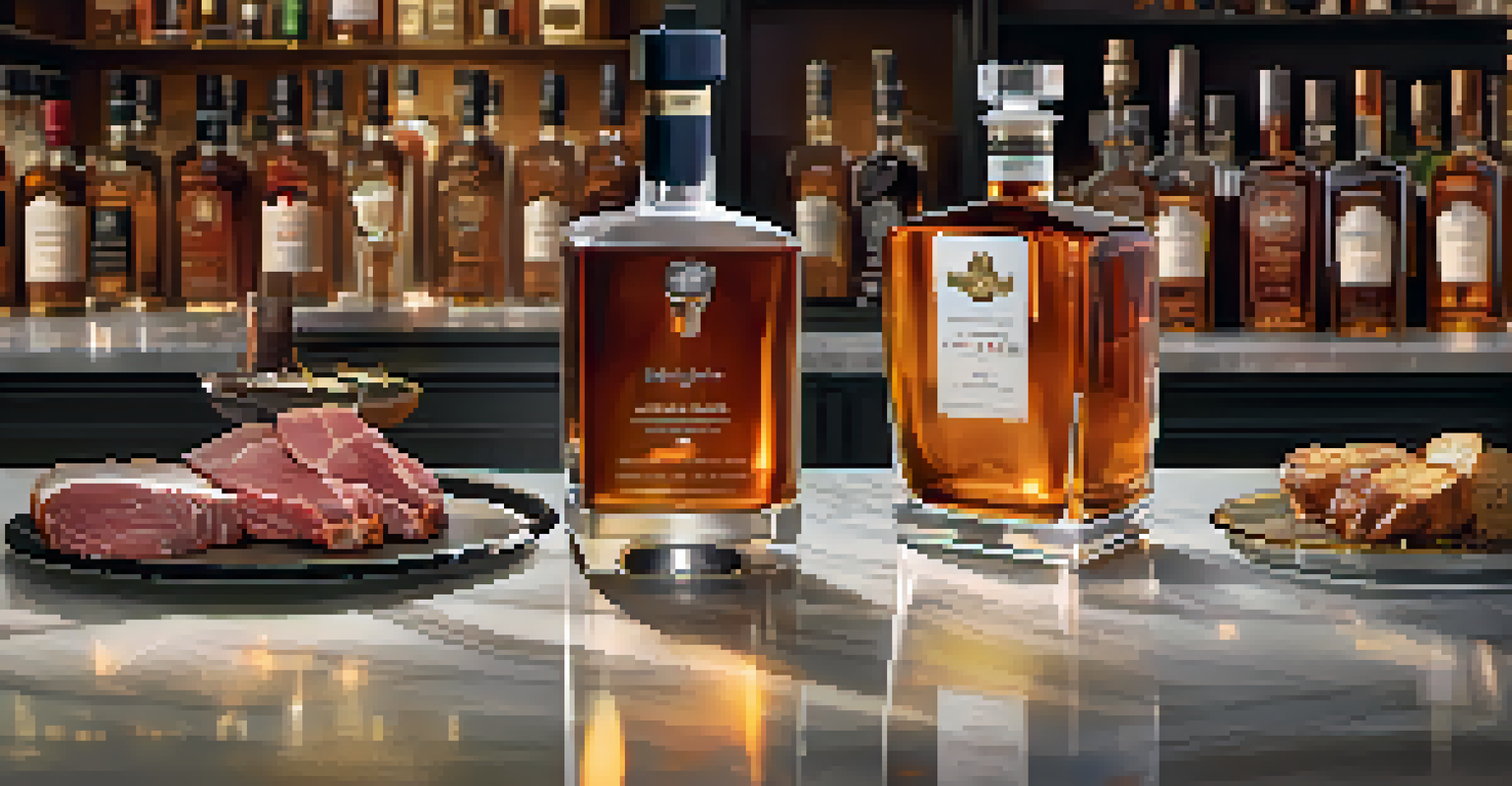 An elegant bar with high-end spirits and a tumbler of bourbon beside grilled meats.