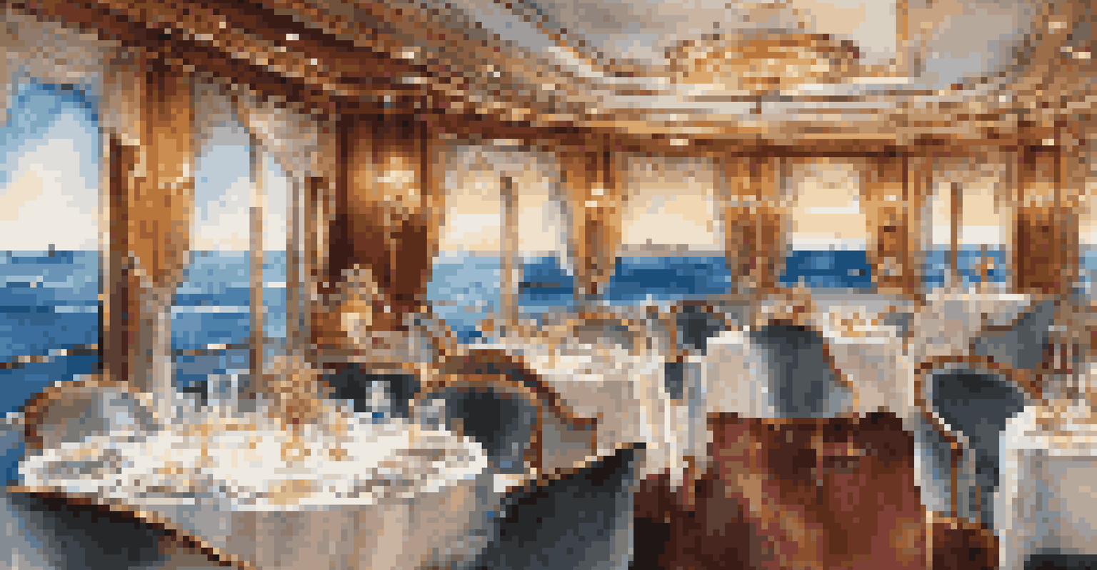 An elegant dining table on a luxury cruise with gourmet food, fine china, and ocean views illuminated by soft lighting.