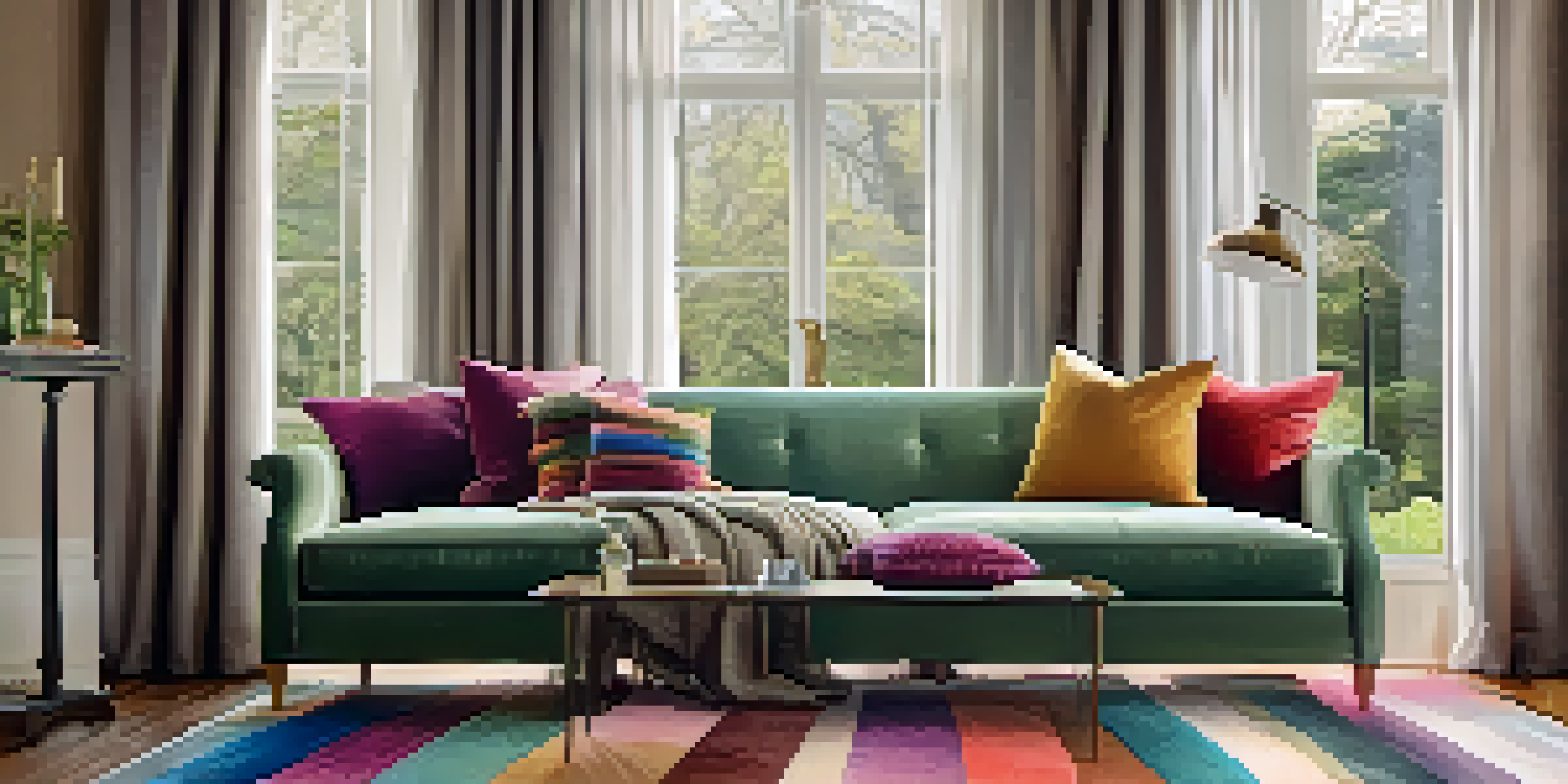 A warm living room with a velvet sofa, colorful pillows, a cashmere throw, and wool rug, illuminated by natural light through silk curtains.