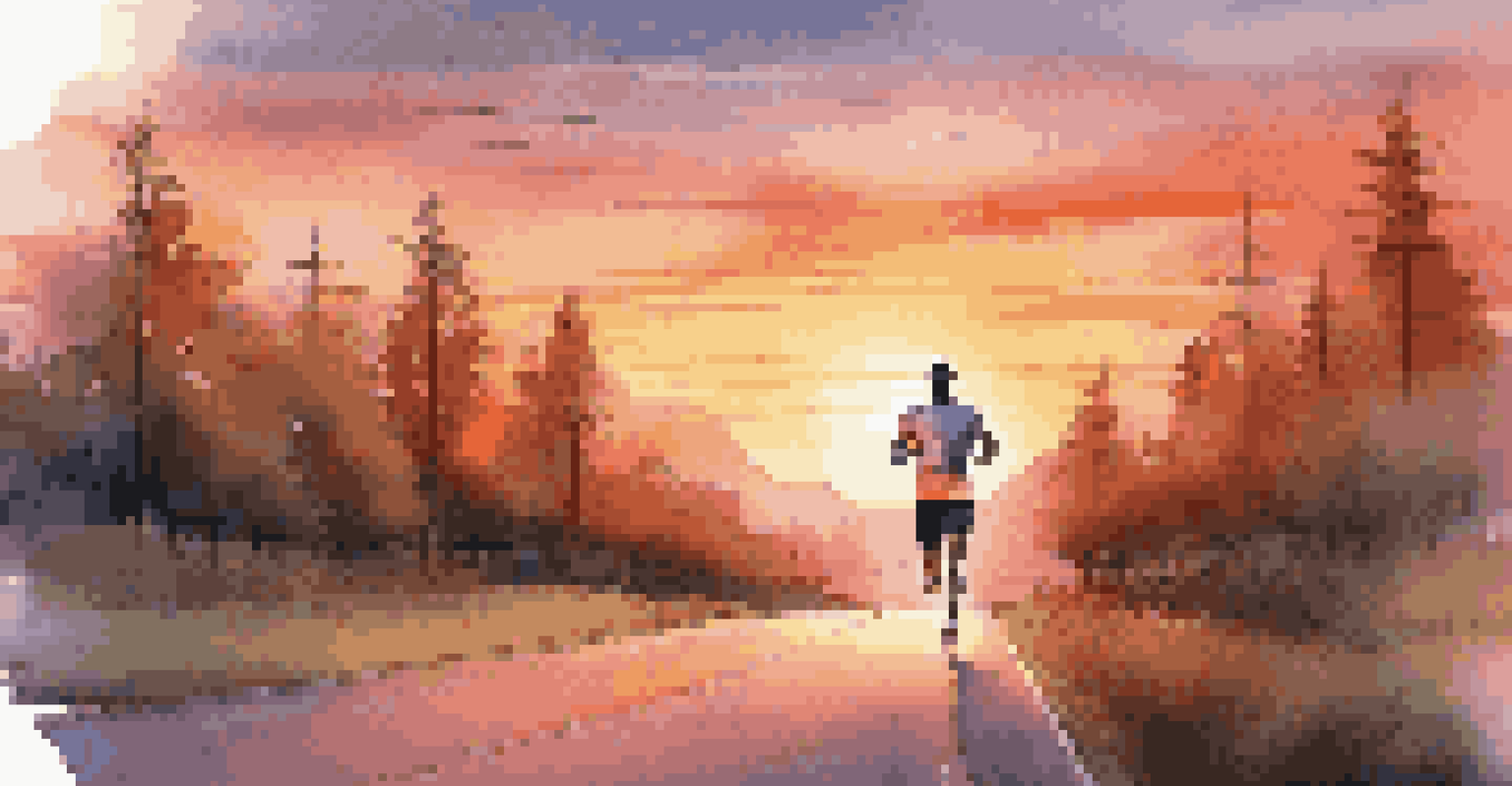 An athletic man jogging in a smart t-shirt against a beautiful sunset background, showcasing motion and technology.