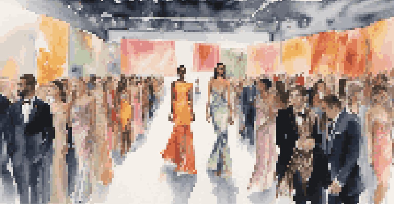 A luxury fashion event with models on the runway showcasing designs focused on empowerment and sustainability, with an engaged and diverse audience.