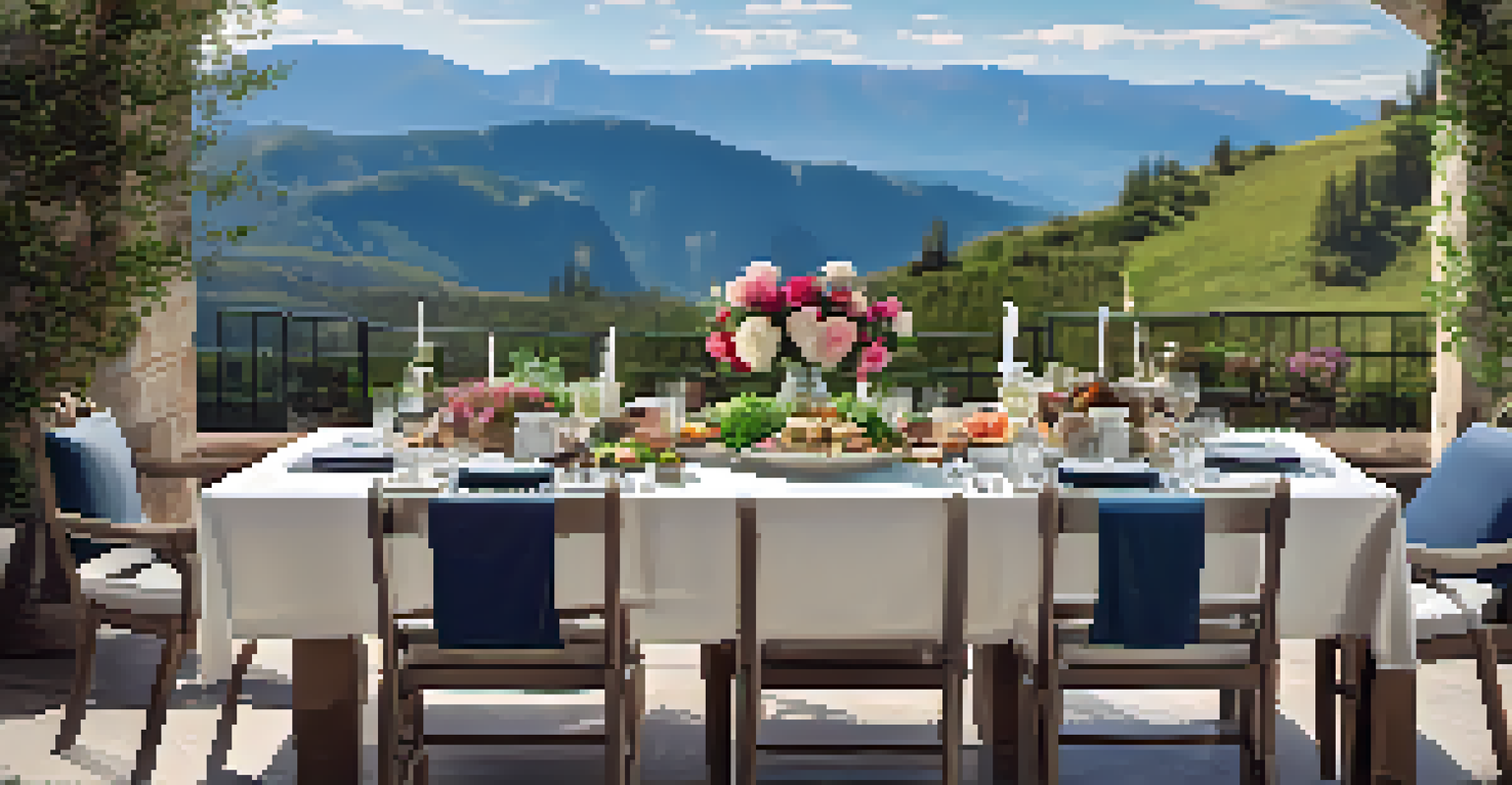 An outdoor dining table set with gourmet healthy meals and fresh flowers, with mountains in the background.