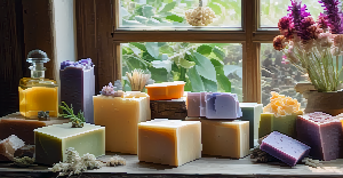 A display of colorful artisanal soaps arranged on a wooden table with dried flowers and herbs, illuminated by soft natural light.