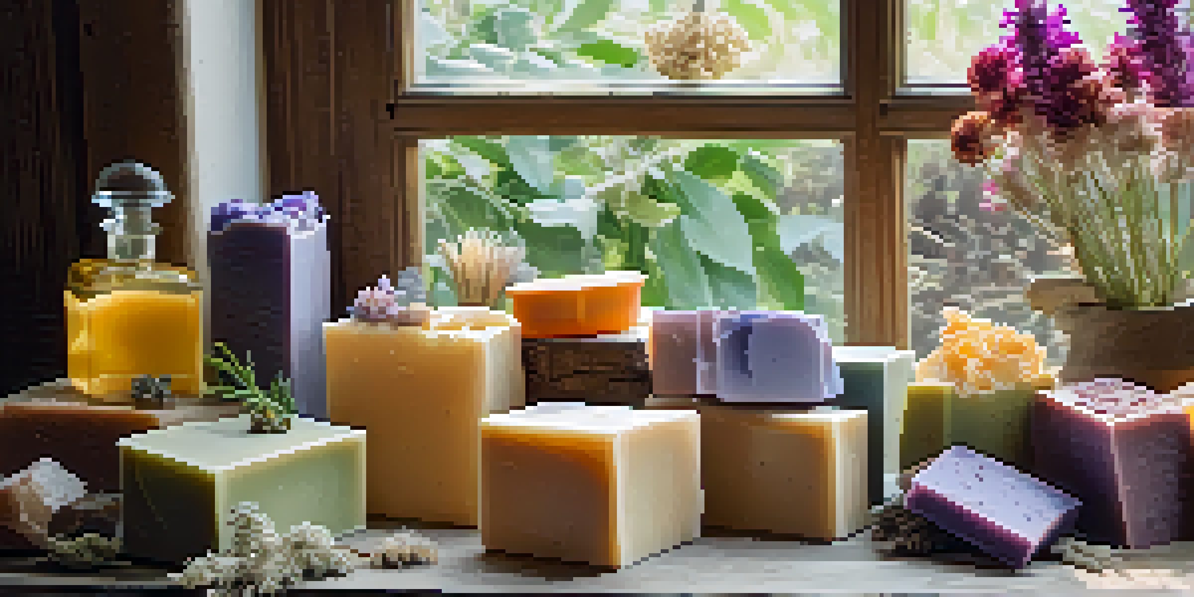 A display of colorful artisanal soaps arranged on a wooden table with dried flowers and herbs, illuminated by soft natural light.