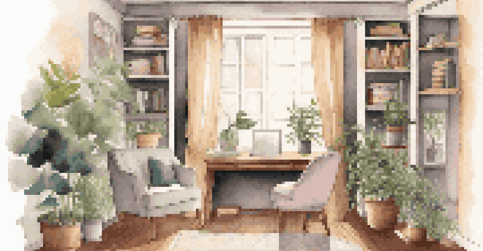 A cozy office nook with a comfortable armchair, plants, soft lighting, and calming wall colors, designed for quiet work.