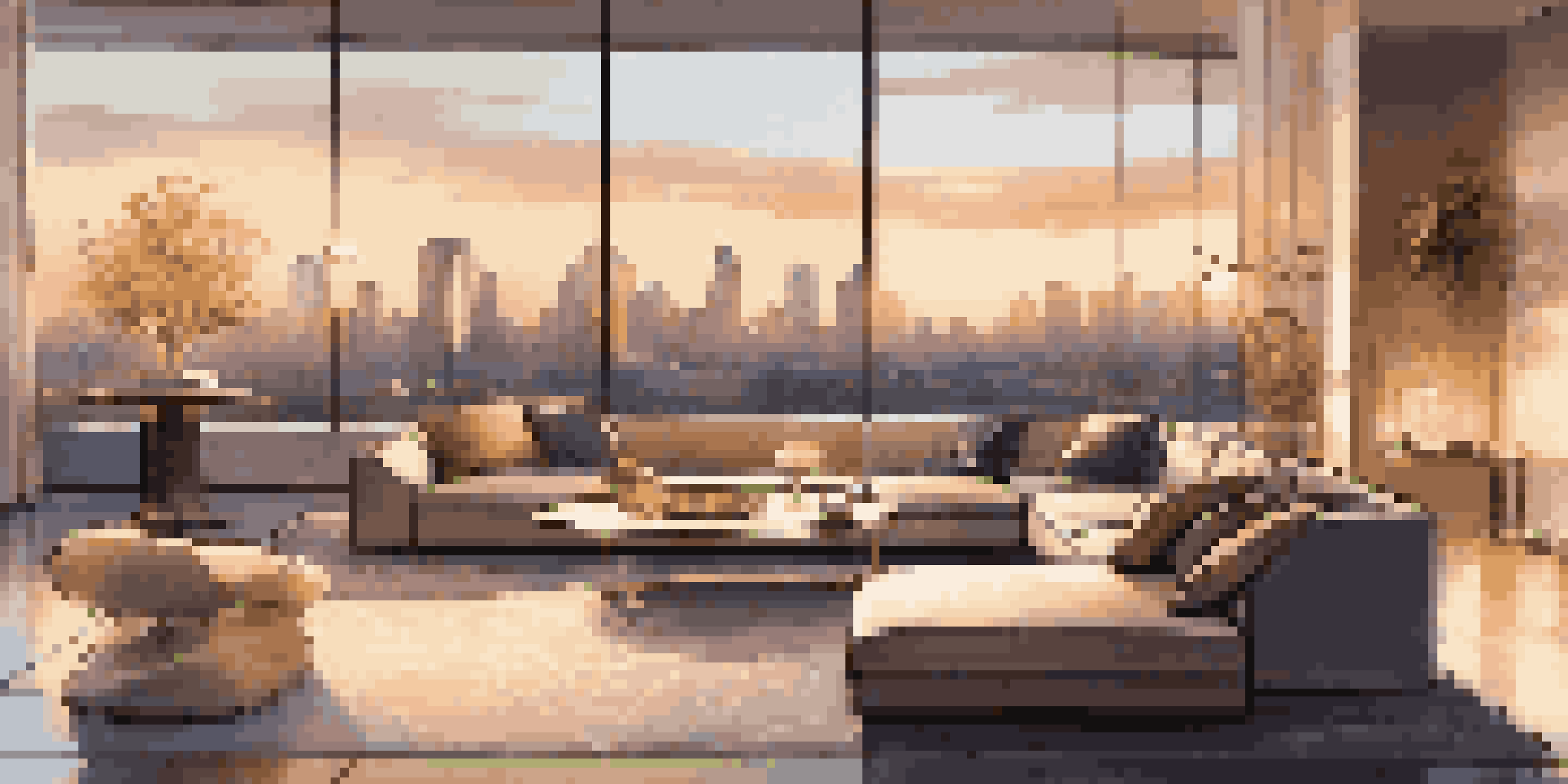 A luxurious modern living room with automated lighting and smart home technology, featuring plush furniture and a city skyline view.