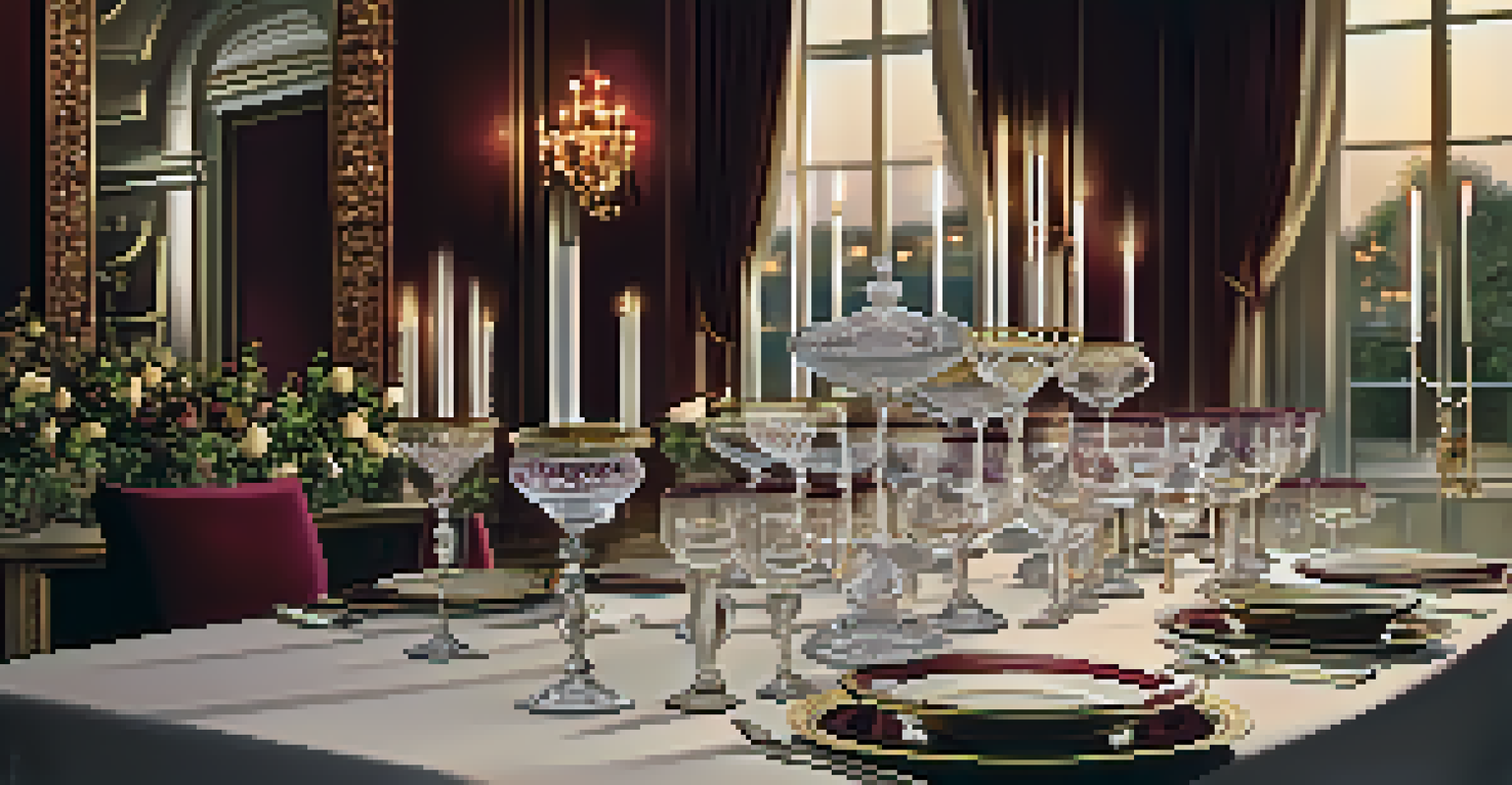Elegant dining table set with fine china, crystal glassware, and candlelight.