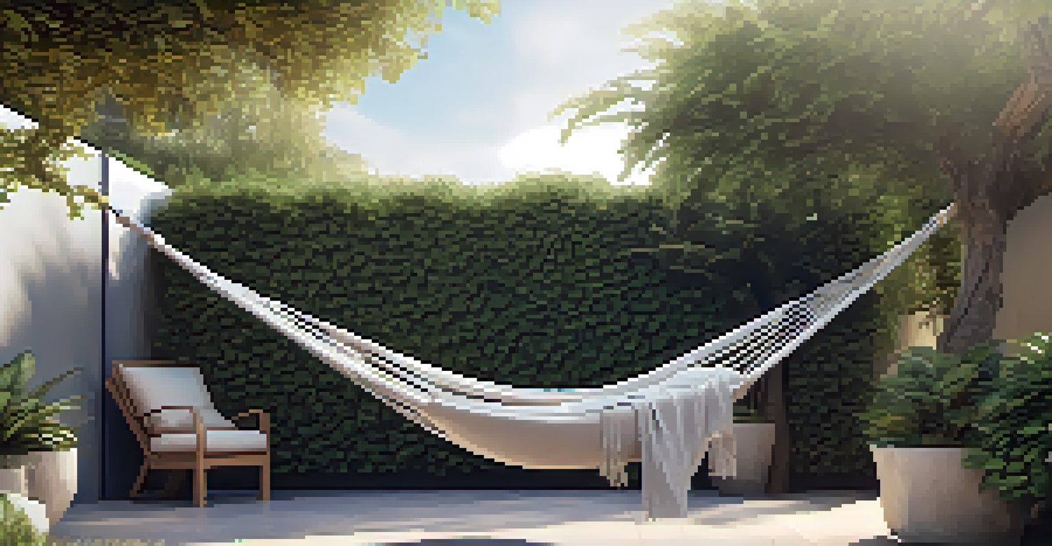 A tranquil corner of a luxury garden with a hammock between trees, surrounded by dense foliage and soft lighting.