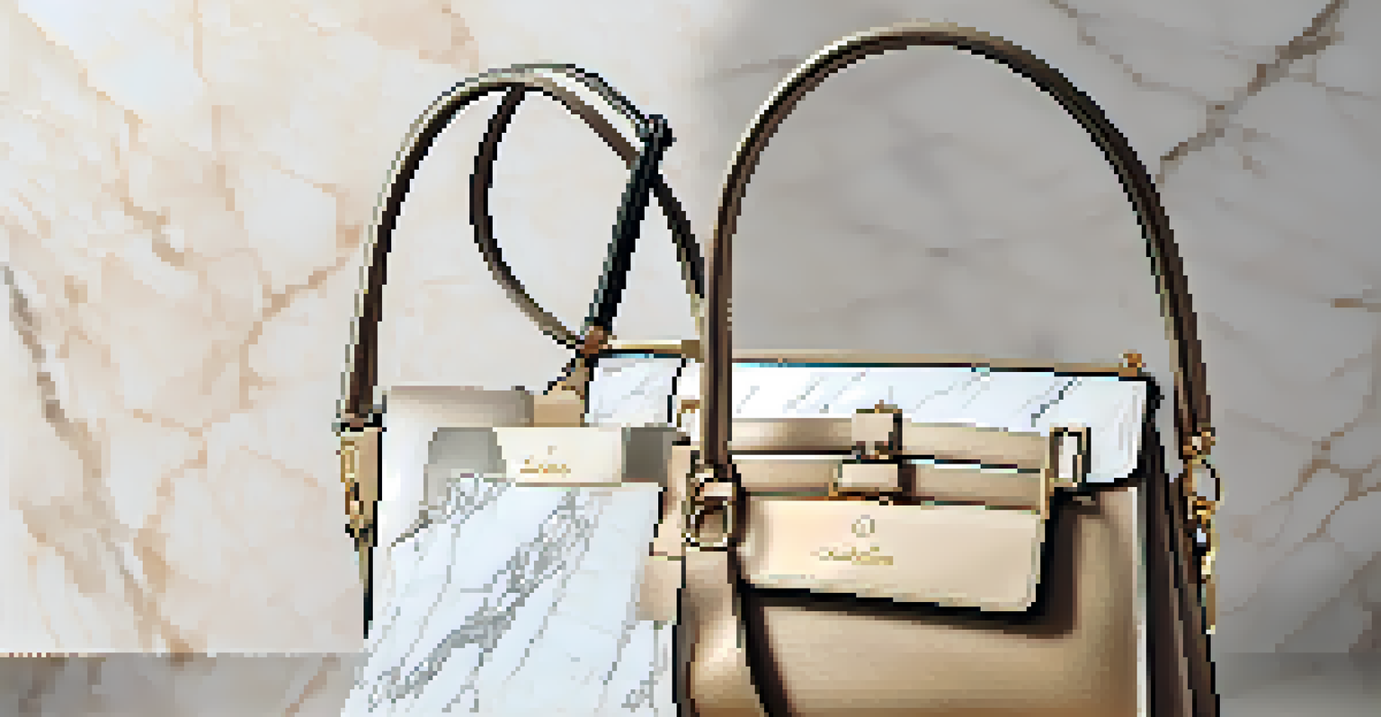 A close-up of a sustainable luxury handbag on a marble surface, illuminated by natural light.