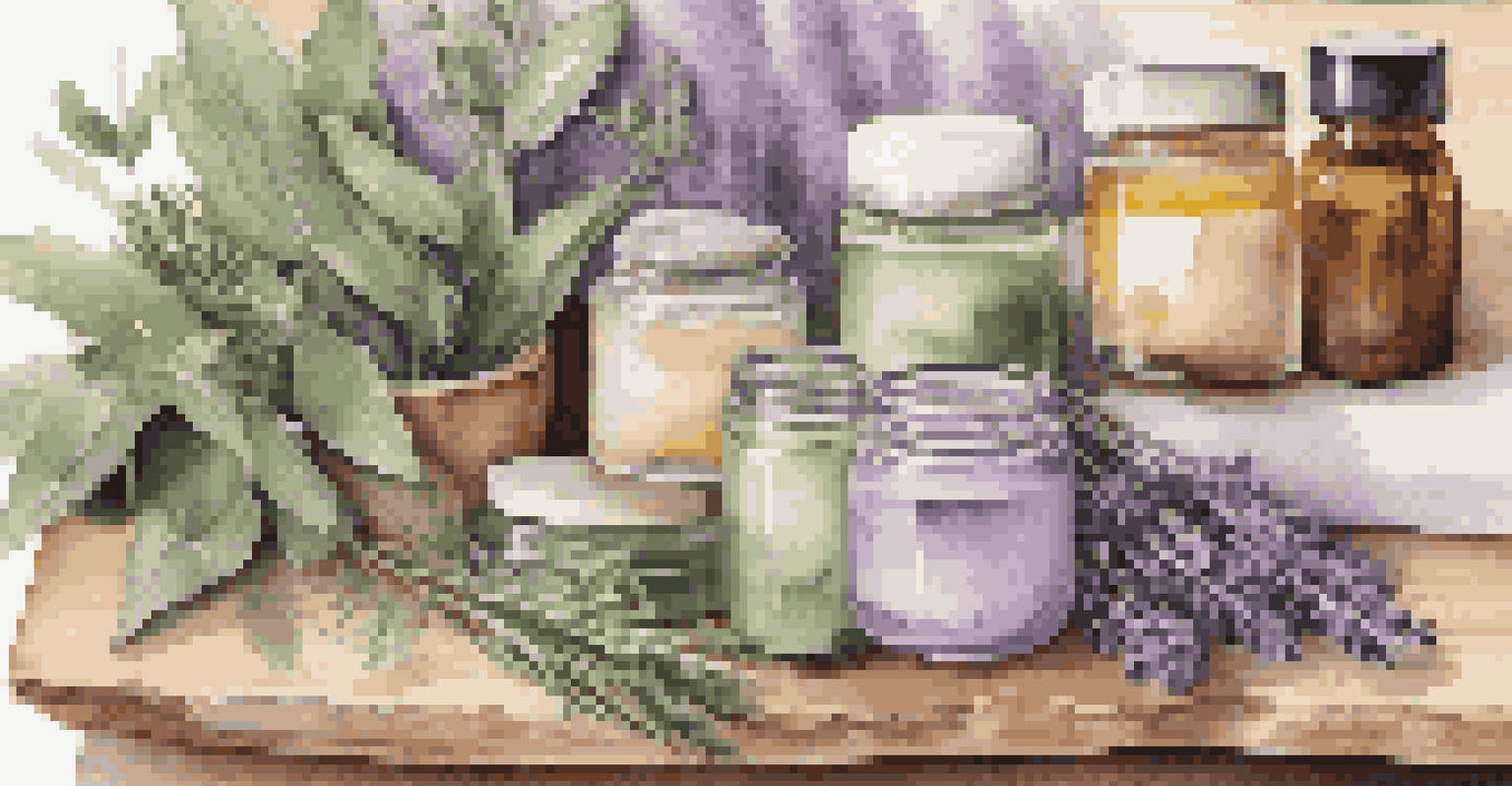 A close-up view of organic skincare products alongside fresh herbs on a wooden surface.