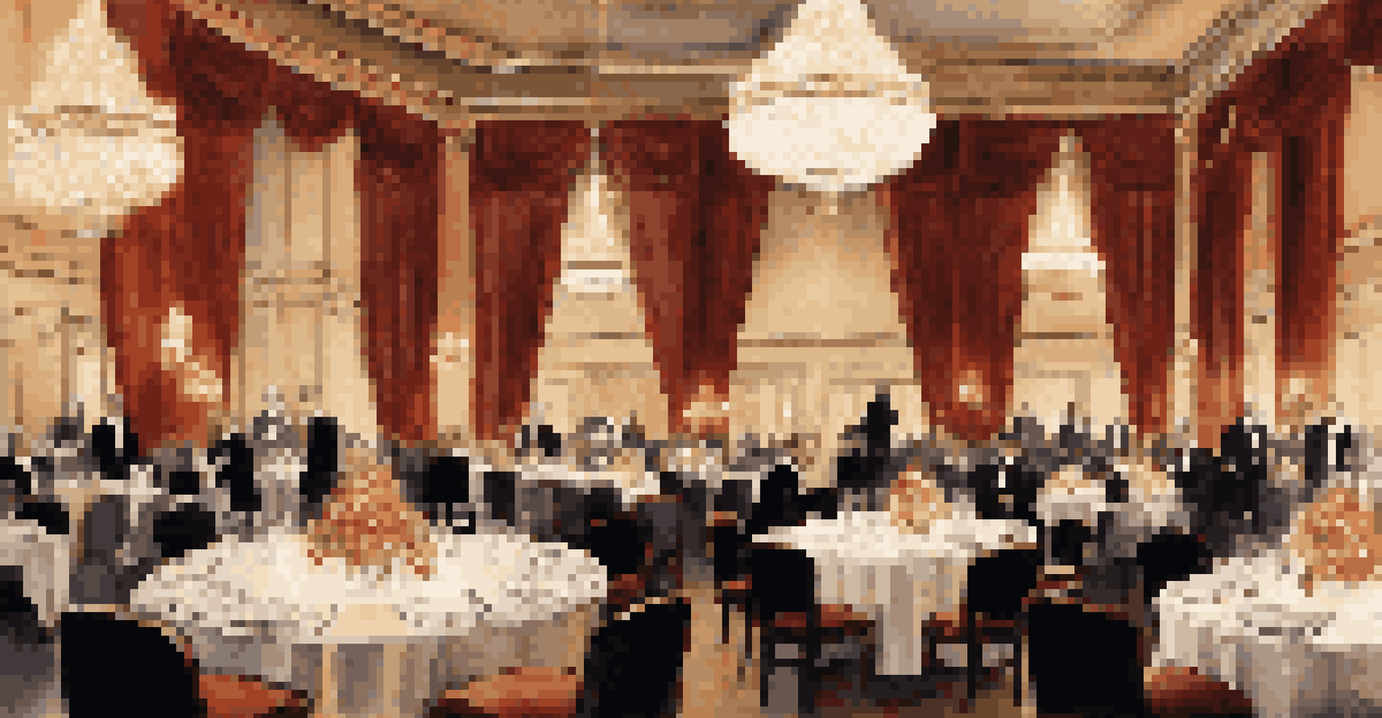 A sophisticated corporate gala in a grand ballroom with chandeliers, velvet drapes, and elegantly set tables filled with guests in formal attire.