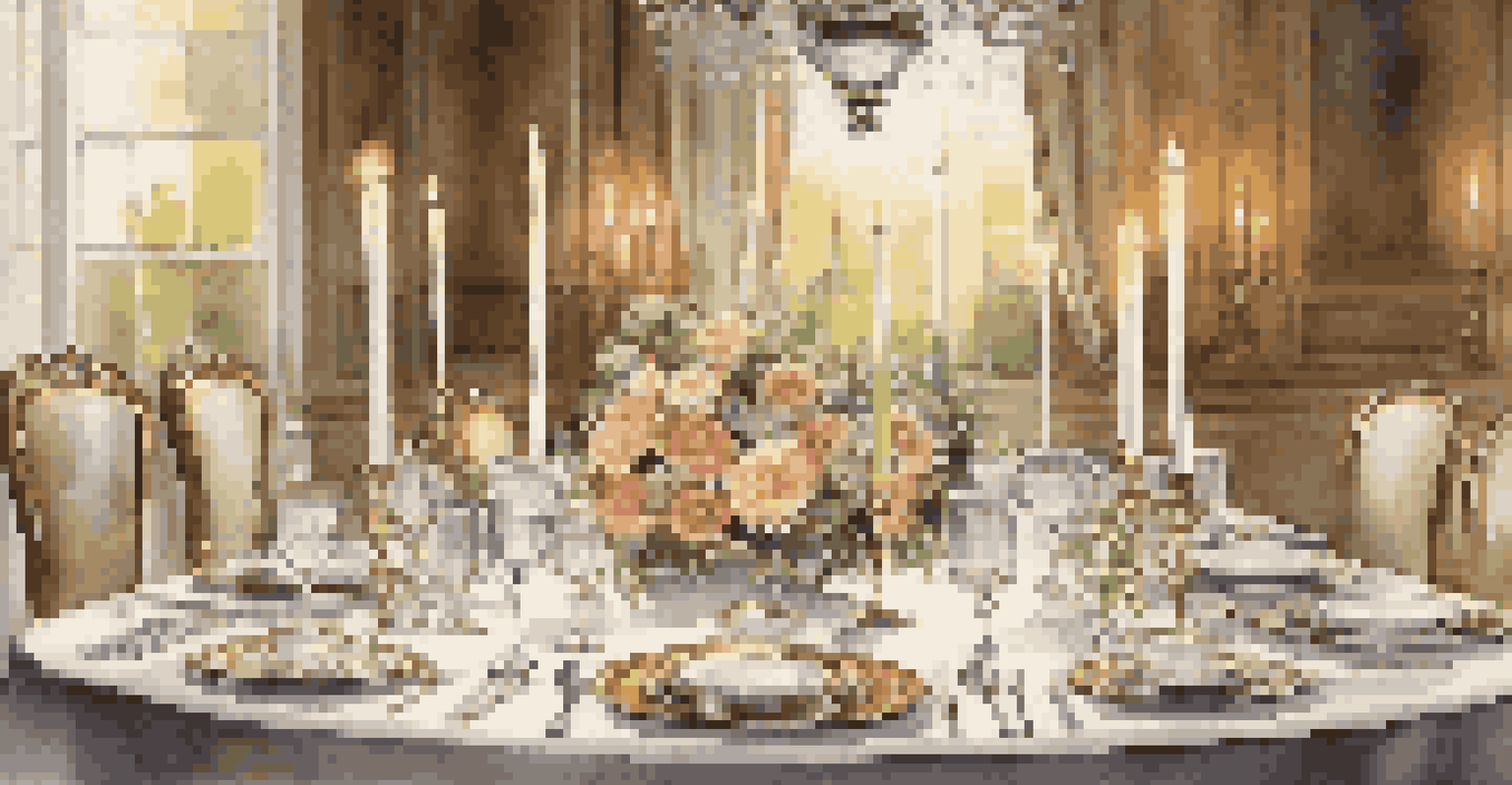 A beautifully set dining table for a luxurious meal, featuring elegant decor and gourmet dishes.